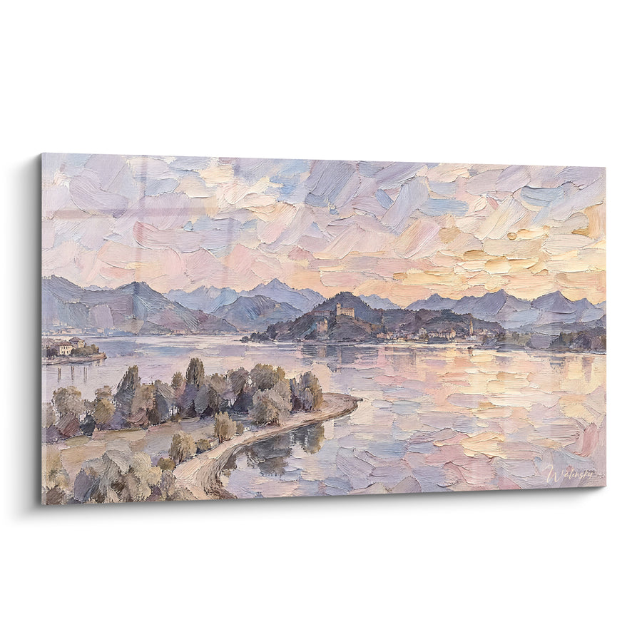 Tableau Lac italien aux teintes lilas et pêche - Silence au crépuscule - Edition Varèse Lombardie Italie
