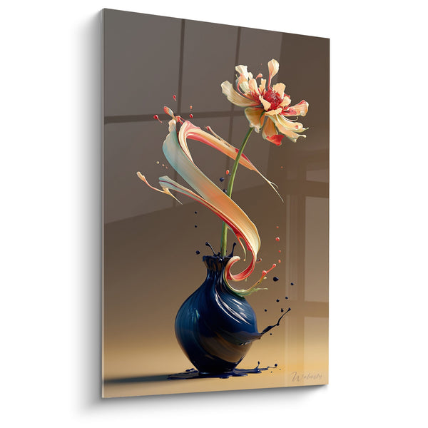 Wandbild Blauvasen mit Blume und goldenem Band in Bewegung - Blütentanz - Ikebana Edition