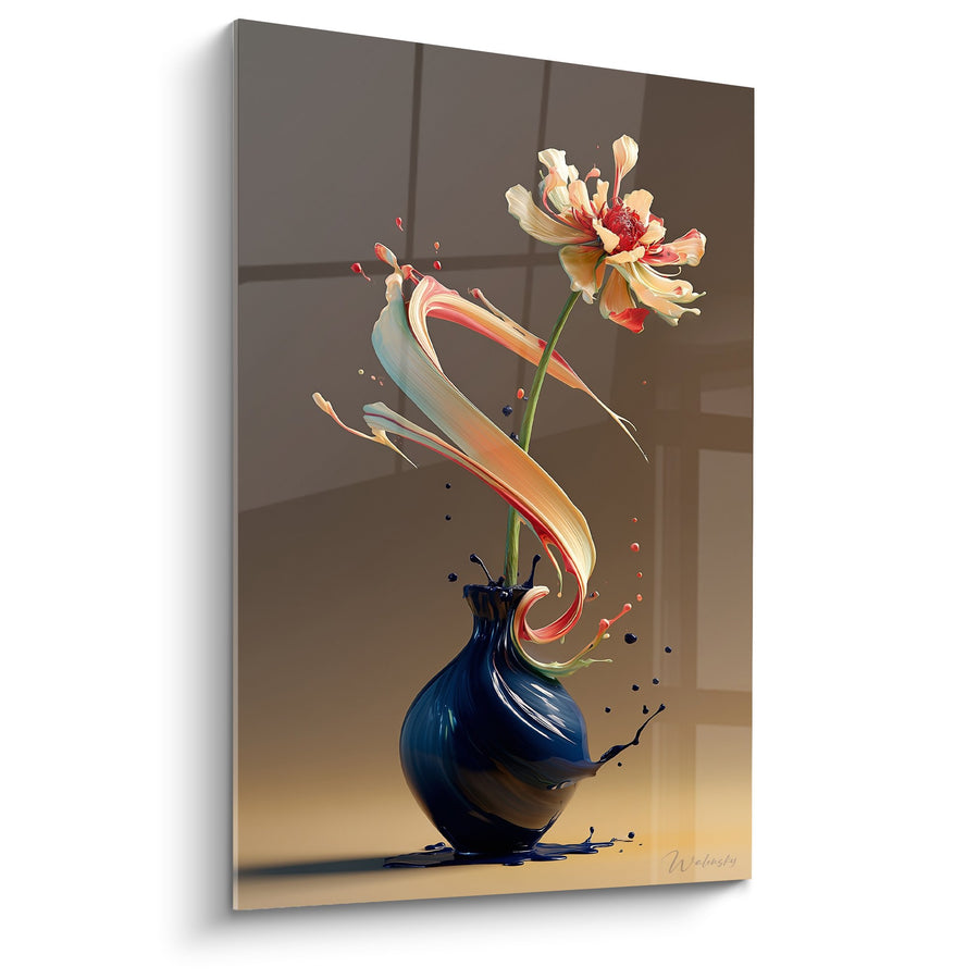Tableau Vase Bleu avec Fleur et Ruban Doré en Mouvement - Danse Florale - Edition Ikebana