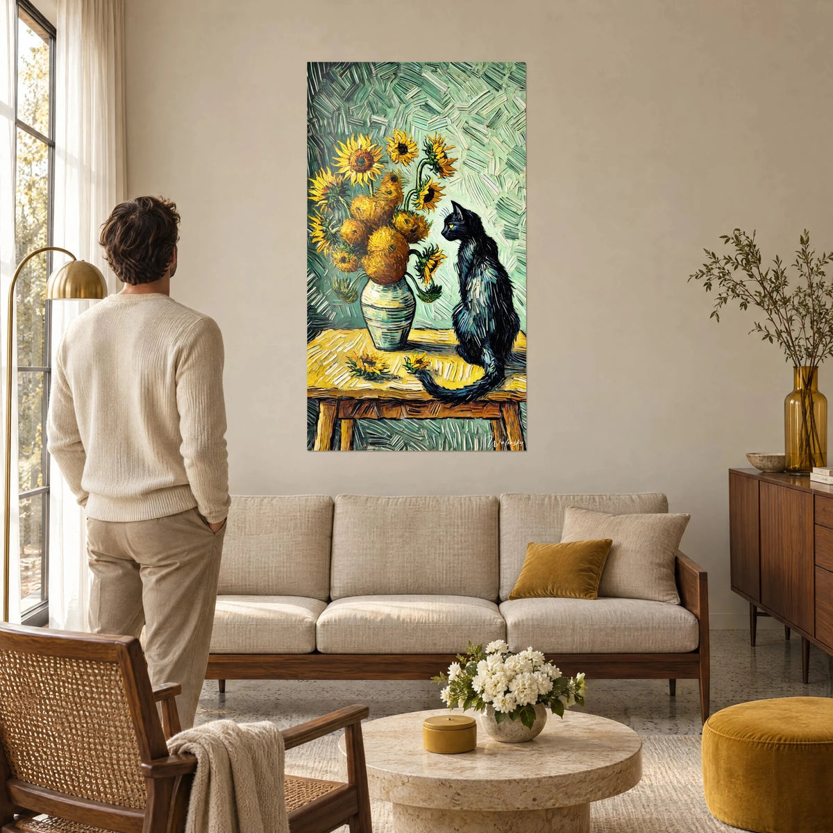 Tableau chat noir aux yeux jaunes face à un bouquet de tournesols ocre sur fond vert menthe, au-dessus d'un canapé dans un salon lumineux