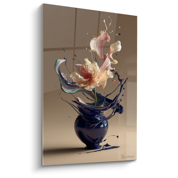 Tableau Vase Bleu Éclaboussures et Fleur Rose Dorée - Fusion Liquide - Edition Ikebana