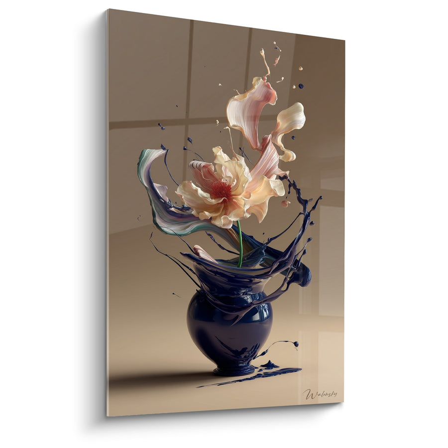 Tableau Vase Bleu Éclaboussures et Fleur Rose Dorée - Fusion Liquide - Edition Ikebana