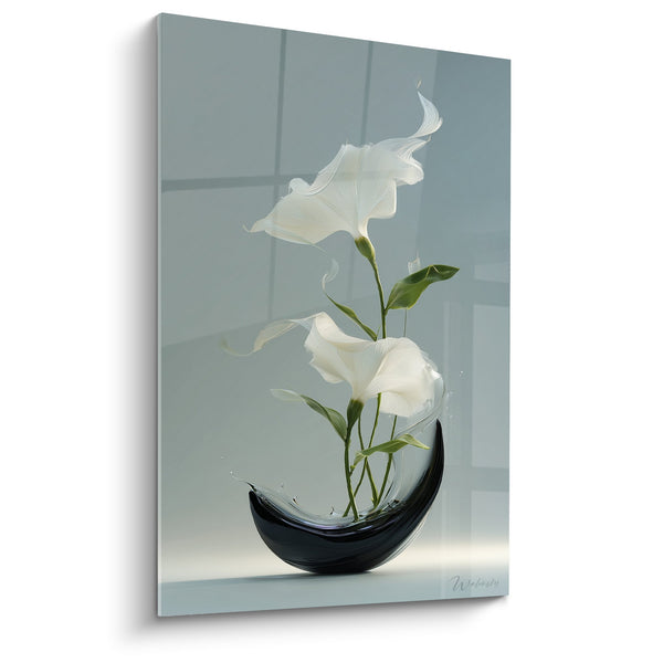 Black Lunar Vase Painting with Delicate White Lilies - Zen Harmony - Ikebana Edition