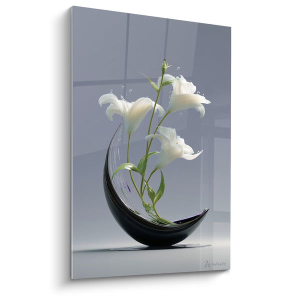 Schilderij Zwarte Vaas Elegant met Witte Lelies en Waterdruppels - Florale Harmonie - Editie Ikebana
