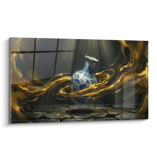 Cuadro de Jarra Azul y Blanca en Torbellino Dorado - Armonía Fragmentada - Edición Kintsugi