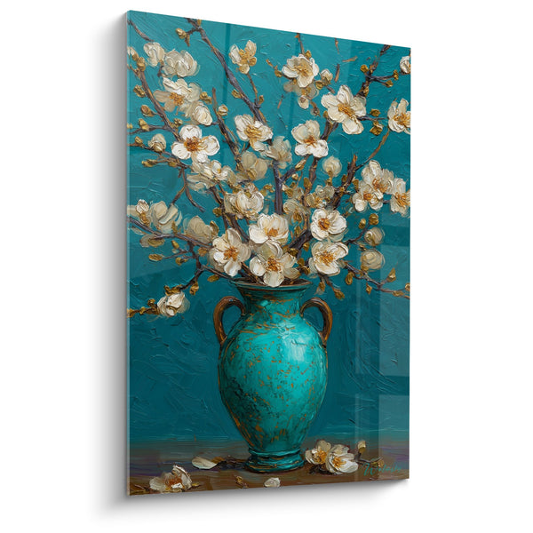 Tableau Vase Turquoise aux Fleurs Blanches - Délicatesse Florale - Edition Ikebana