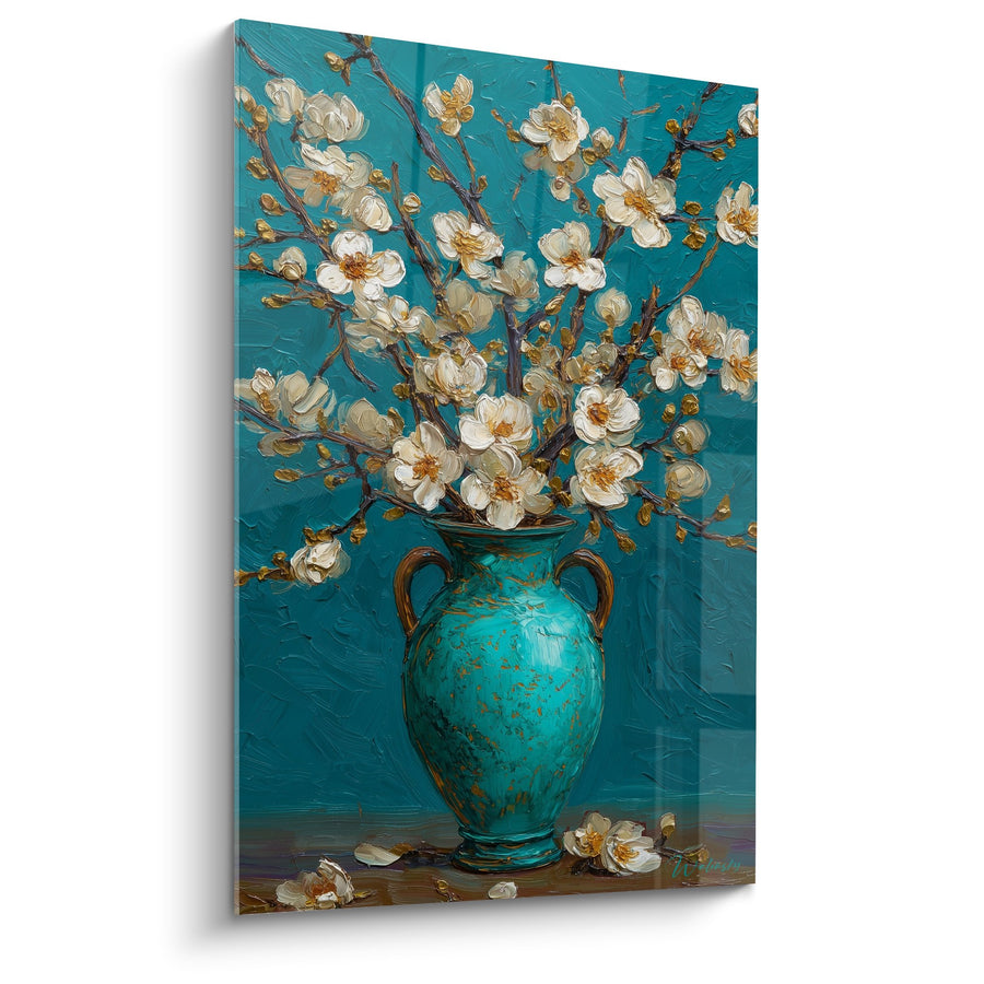 Tableau Vase Turquoise aux Fleurs Blanches - Délicatesse Florale - Edition Ikebana