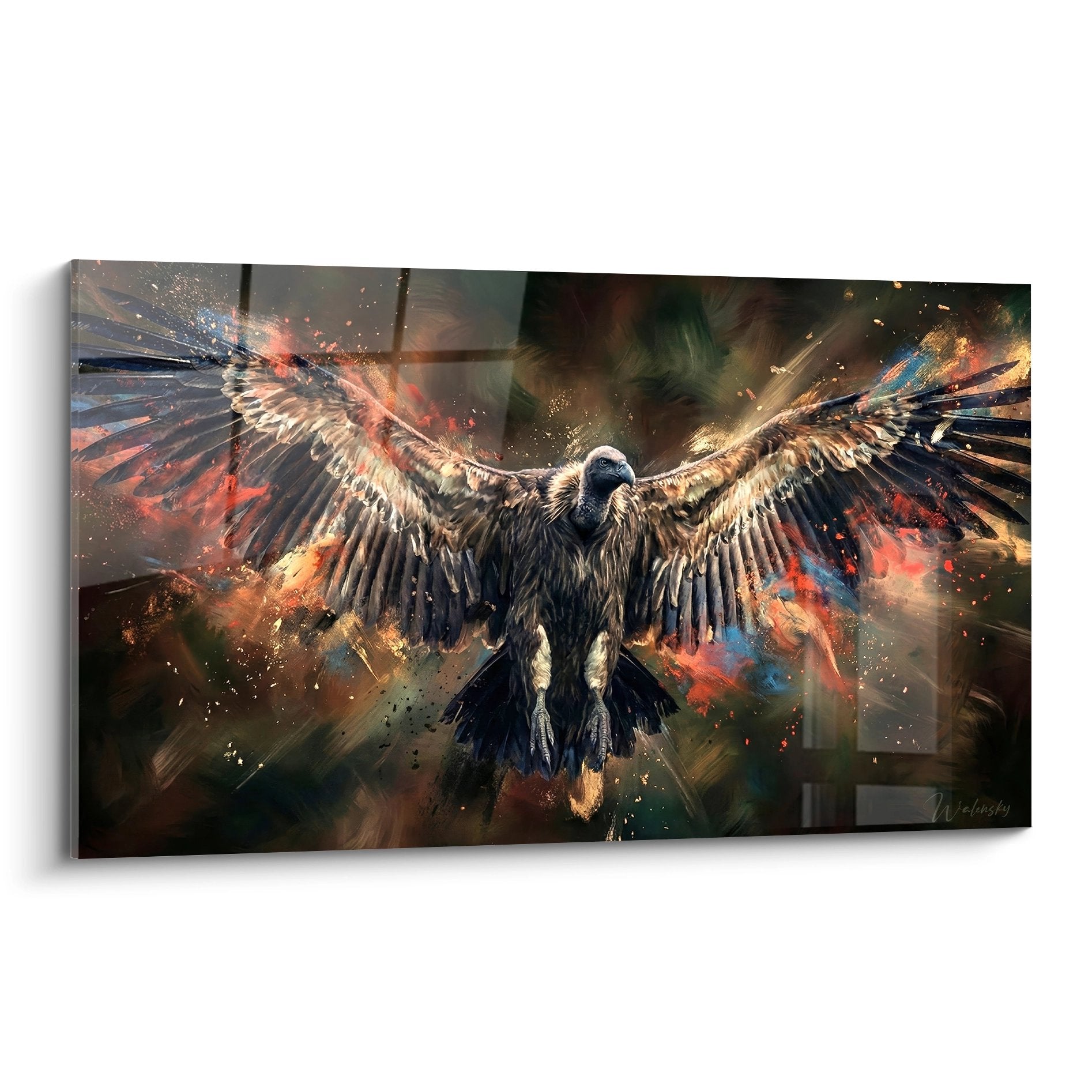 Kunstwerk Geier mit ausgebreiteten Flügeln farbige Explosion goldene Partikel dramatischer Hintergrund