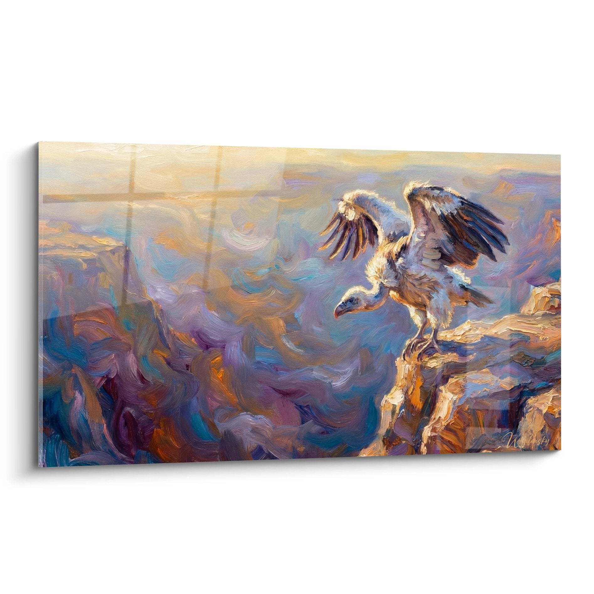 Gemälde Geier mit ausgebreiteten Flügeln auf goldener Felsklippe violette Berglandschaft expressive Maltechnik zeitgenössische Kunst