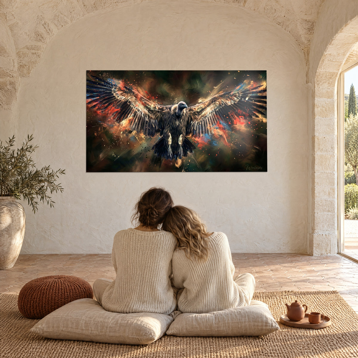 Quadro di un potente rapace con le ali spiegate, piume nere e tocchi arancio, davanti a una coppia abbracciata su cuscini