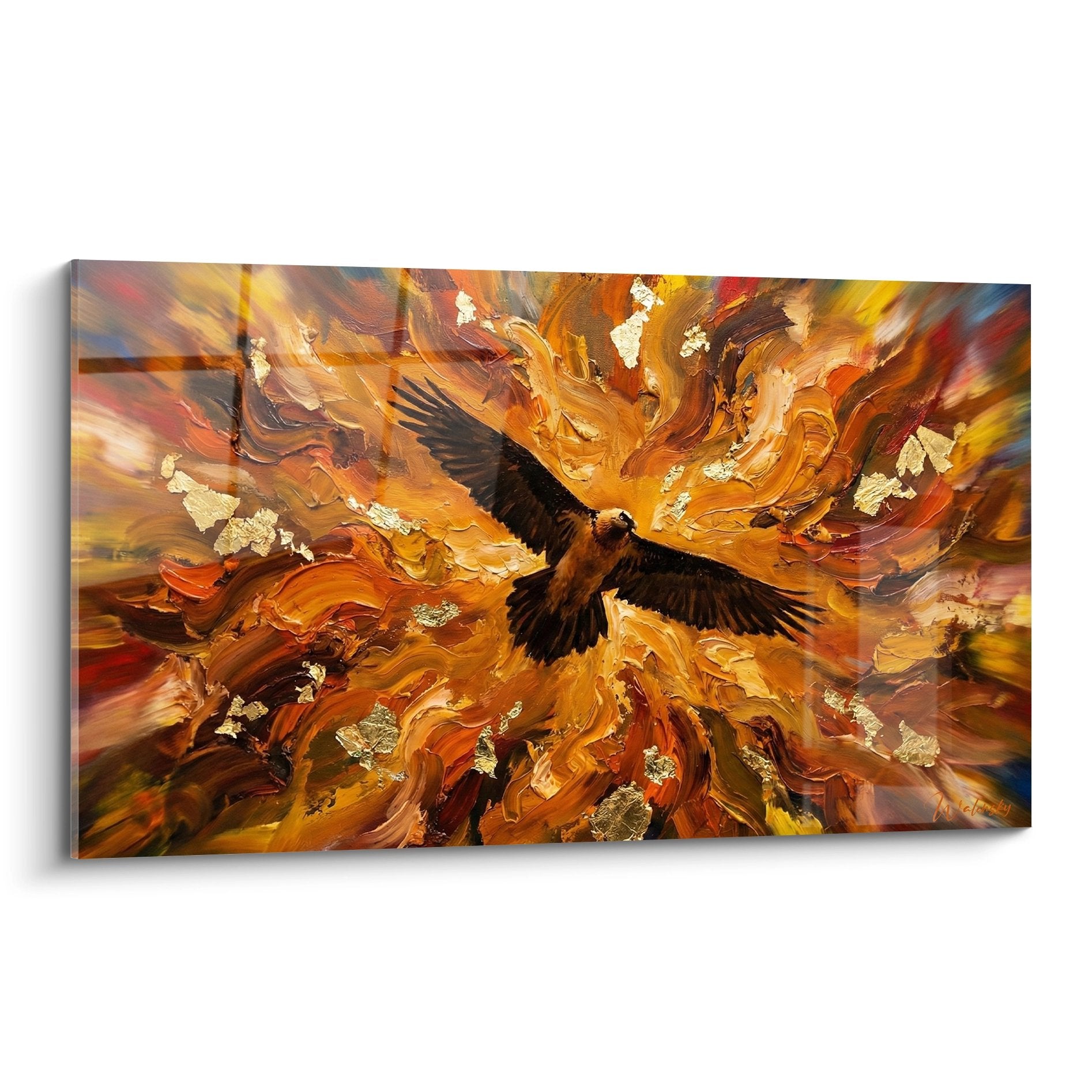 Geiergemälde ausgebreitete Flügel Wirbel goldene orangefarbene Flammen Goldblätter abstrakter Expressionismus Wanddekoration