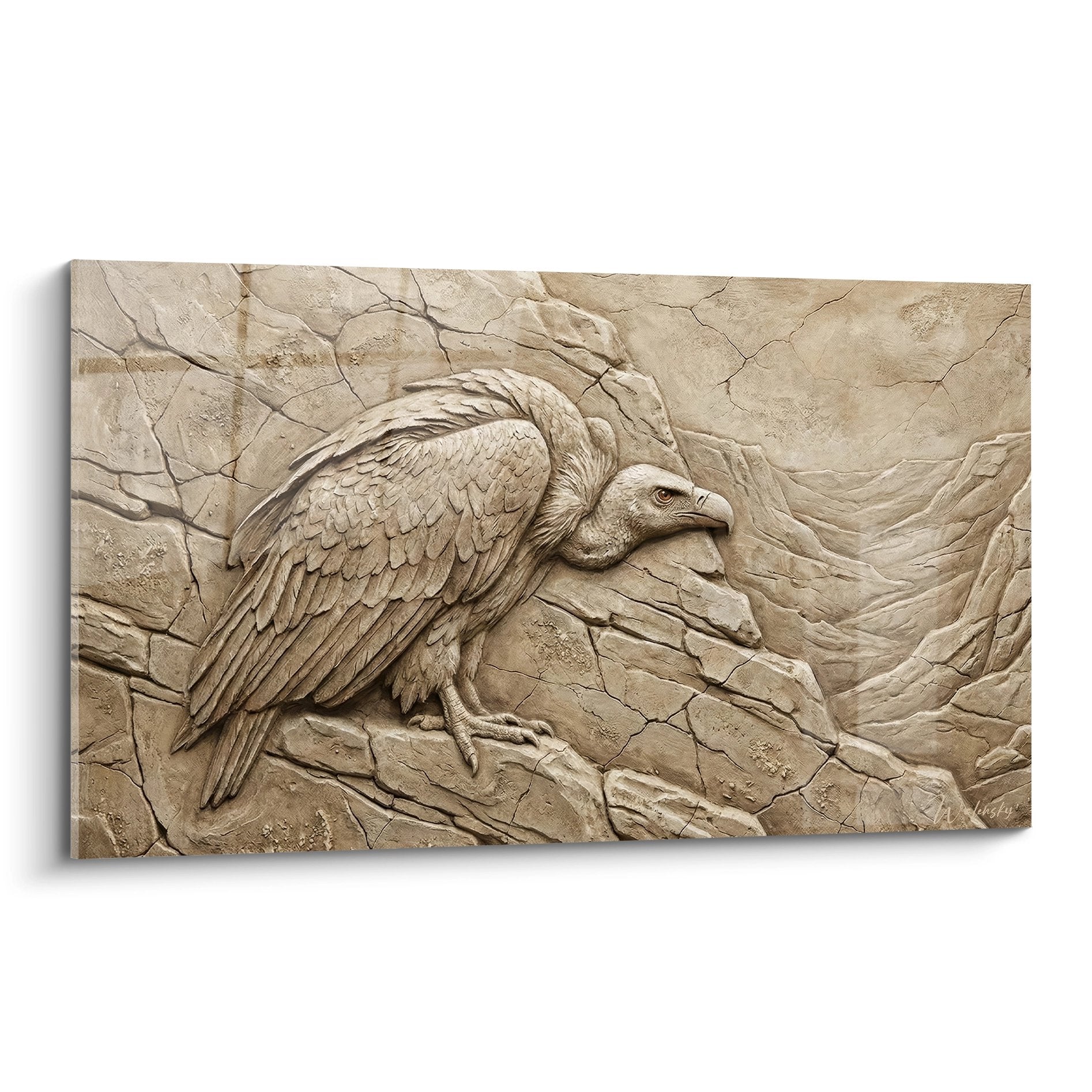 Geier-Wandbild in Relief auf beigem Stein mit natürlichen Rissen im antiken Stil geschnitzt