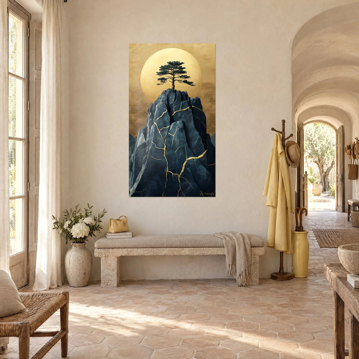 Wall art cracked rock in kintsugi style, slate blue with gold lines, dark pine in front of a solar disc, vaulted hallway of the farmhouse