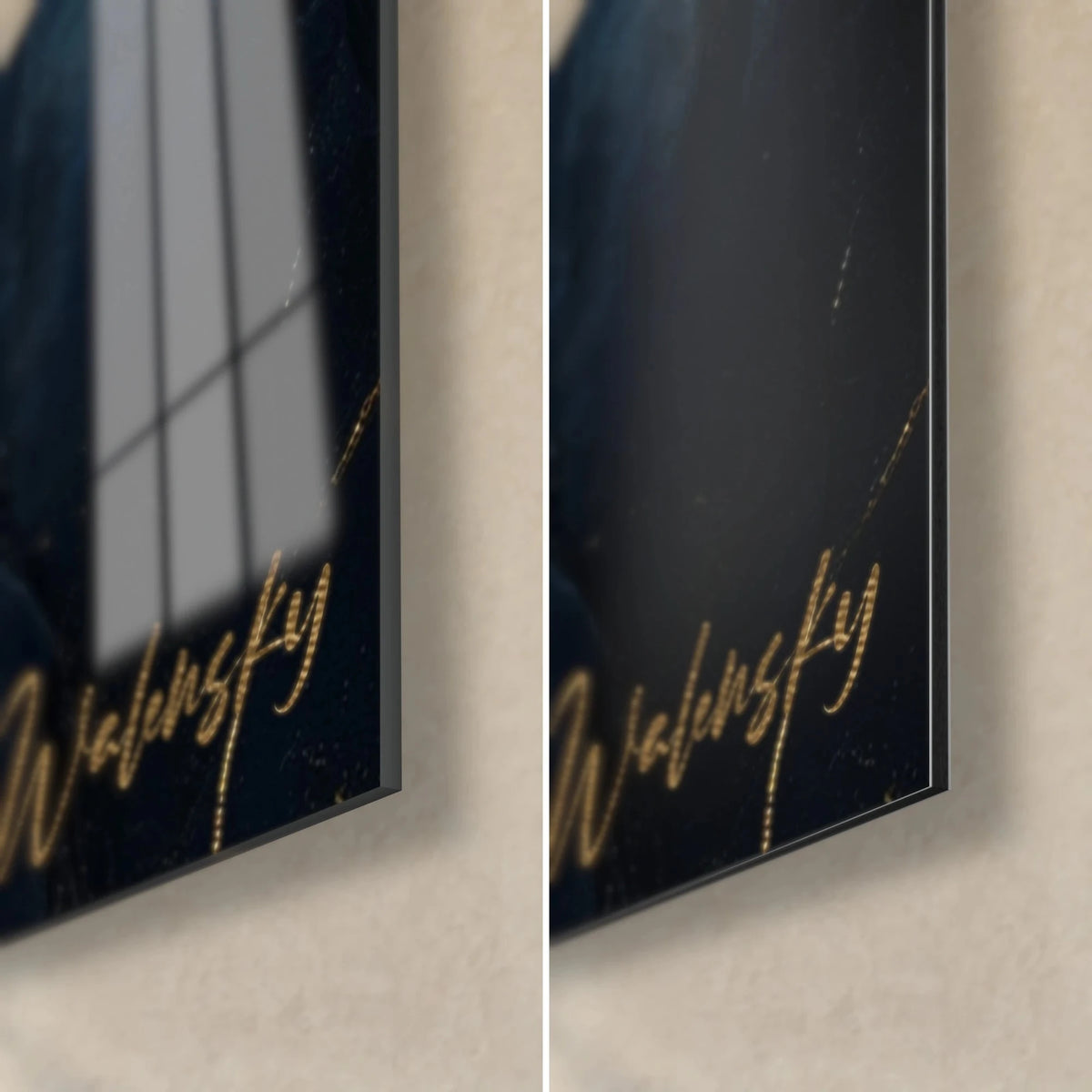 Wall art pine on its midnight-blue mountain, golden Walensky signature, glossy glass bottom left and matte Dibond on the right