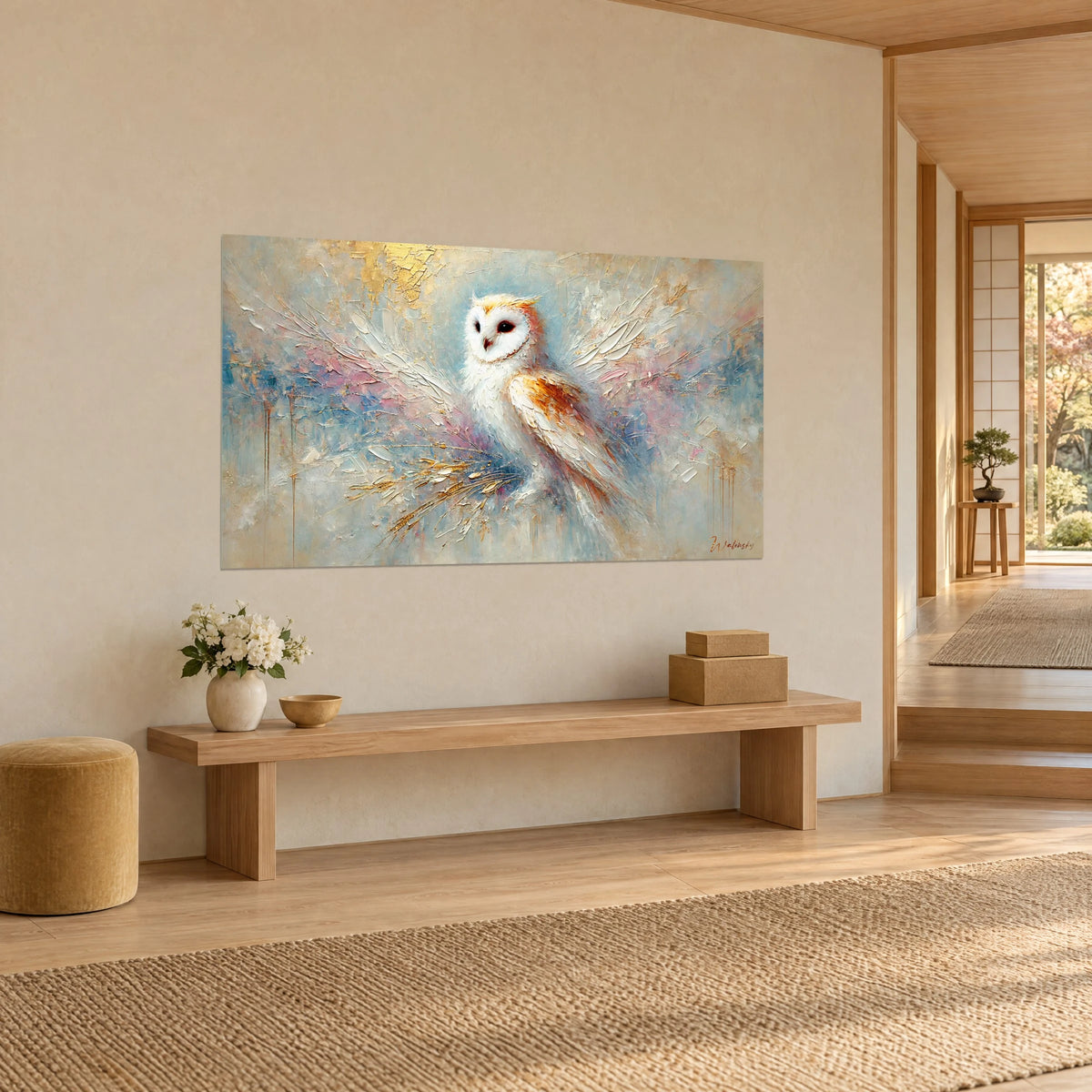 Tableau rapace nocturne ivoire, dos roux cuivré, fond bleu pâle strié d'or, vu de trois-quarts sur un mur crème, banc en bois