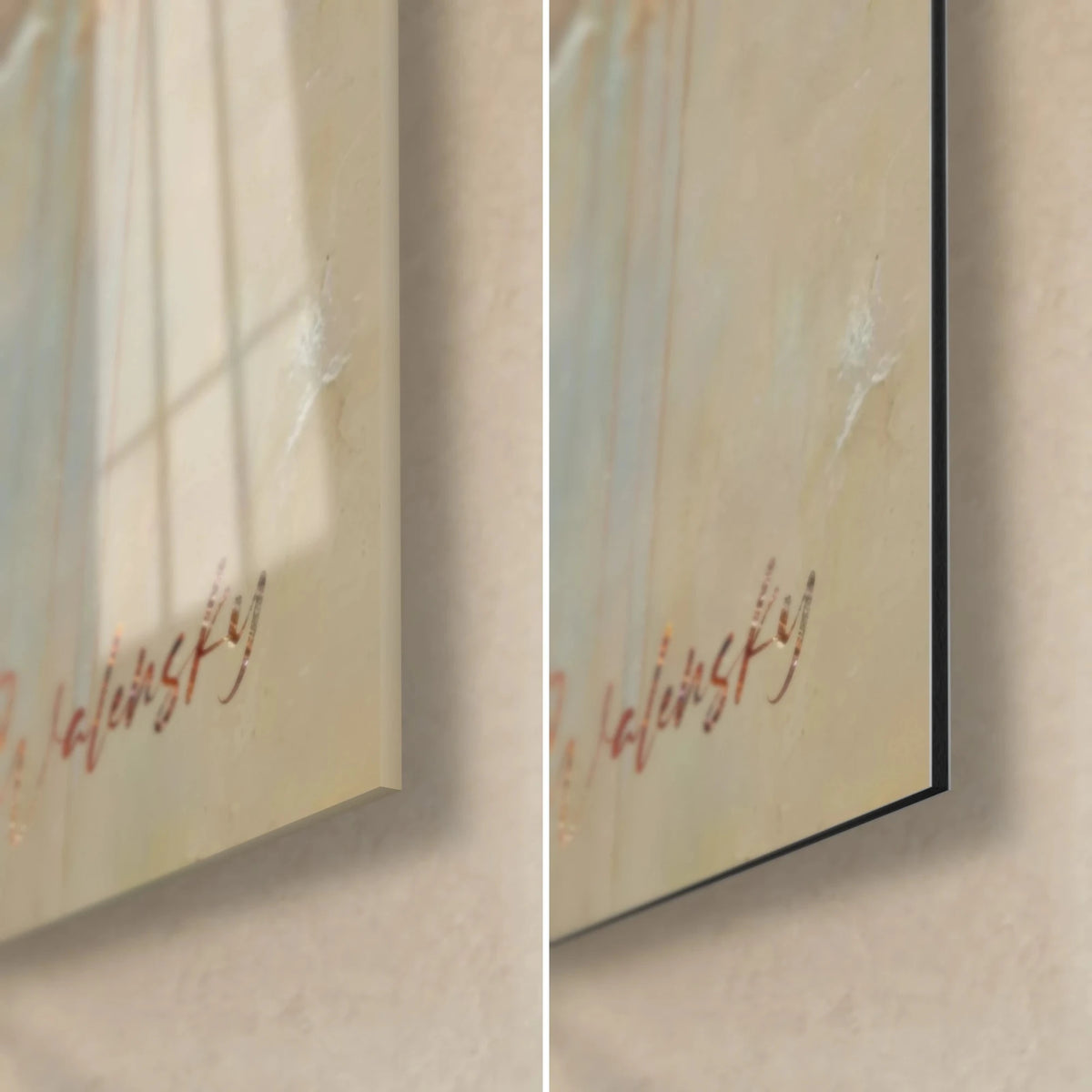 Wall art white owl, lower right corner: glossy acrylic glass on the left, matte Dibond aluminium on the right, red signature, 3 mm edge