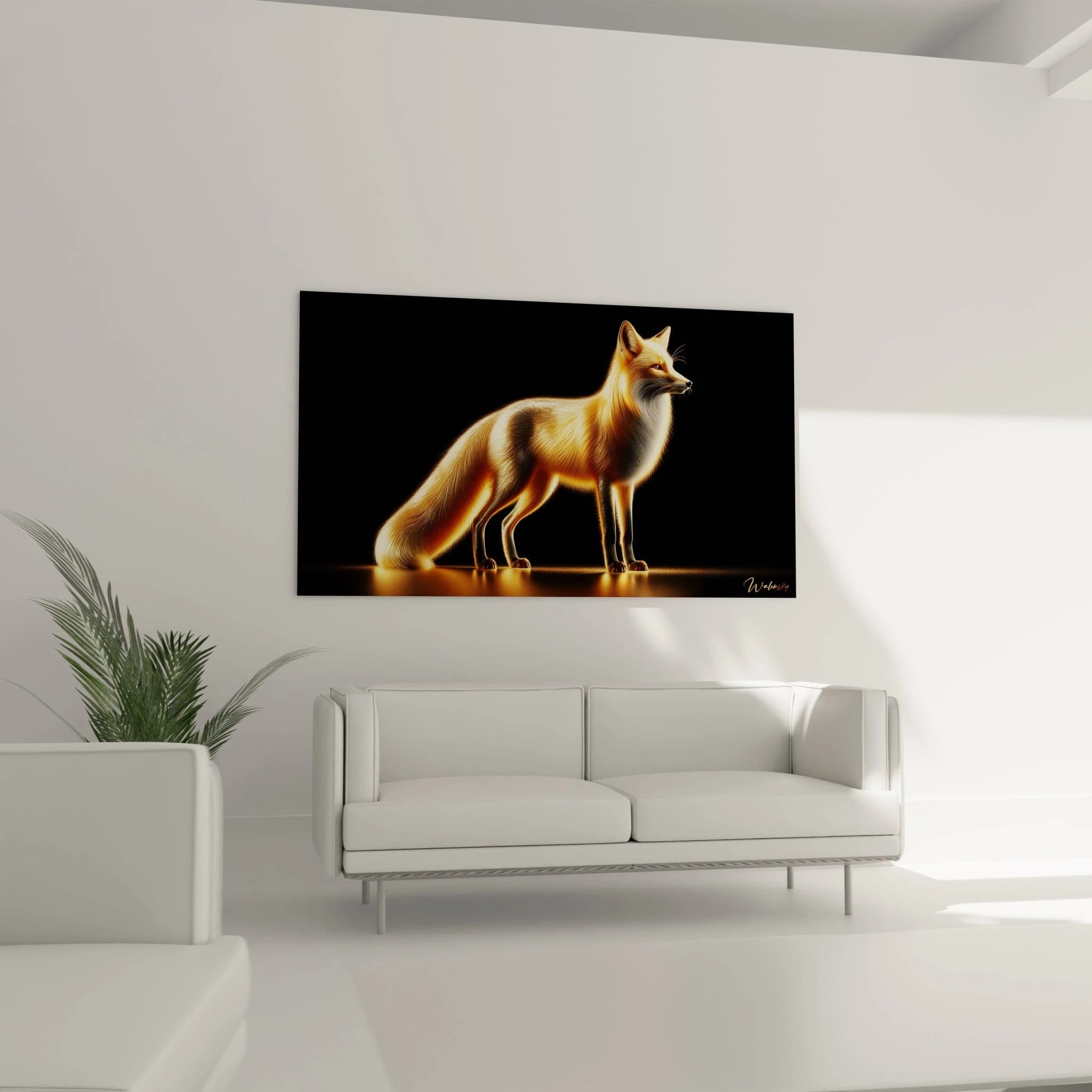 Un tableau d'animal montrant un renard au corps entier dont le pelage roux et blanc semble émaner une lueur dorée. La texture finement détaillée des poils crée un effet brillant comme si l'animal était façonné dans un métal précieux. Une légère réflexion sur la surface noire sous ses pattes accentue l'impression de luminosité intérieure sur fond noir profond.
