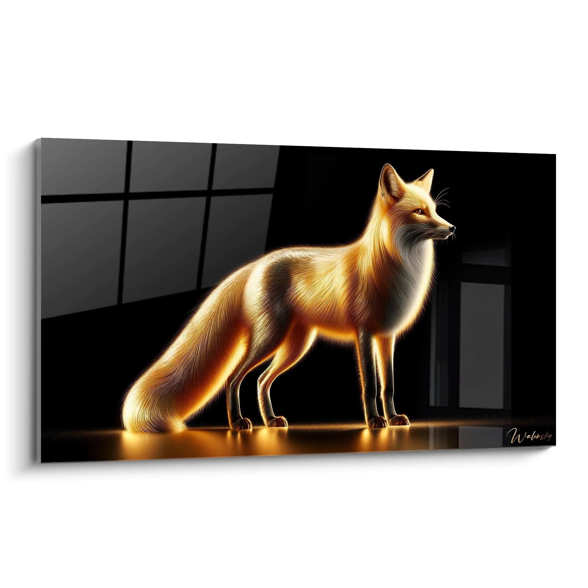 Un tableau d'animal représentant un renard roux en position debout sur fond noir. La texture du pelage doré et lumineux donne un effet métallique ou incandescent. Les détails du pelage sont rendus avec une grande précision, notamment les zones blanches du poitrail et le dégradé de teintes orangées et ambrées sur le corps qui reflètent une lumière chaude.
