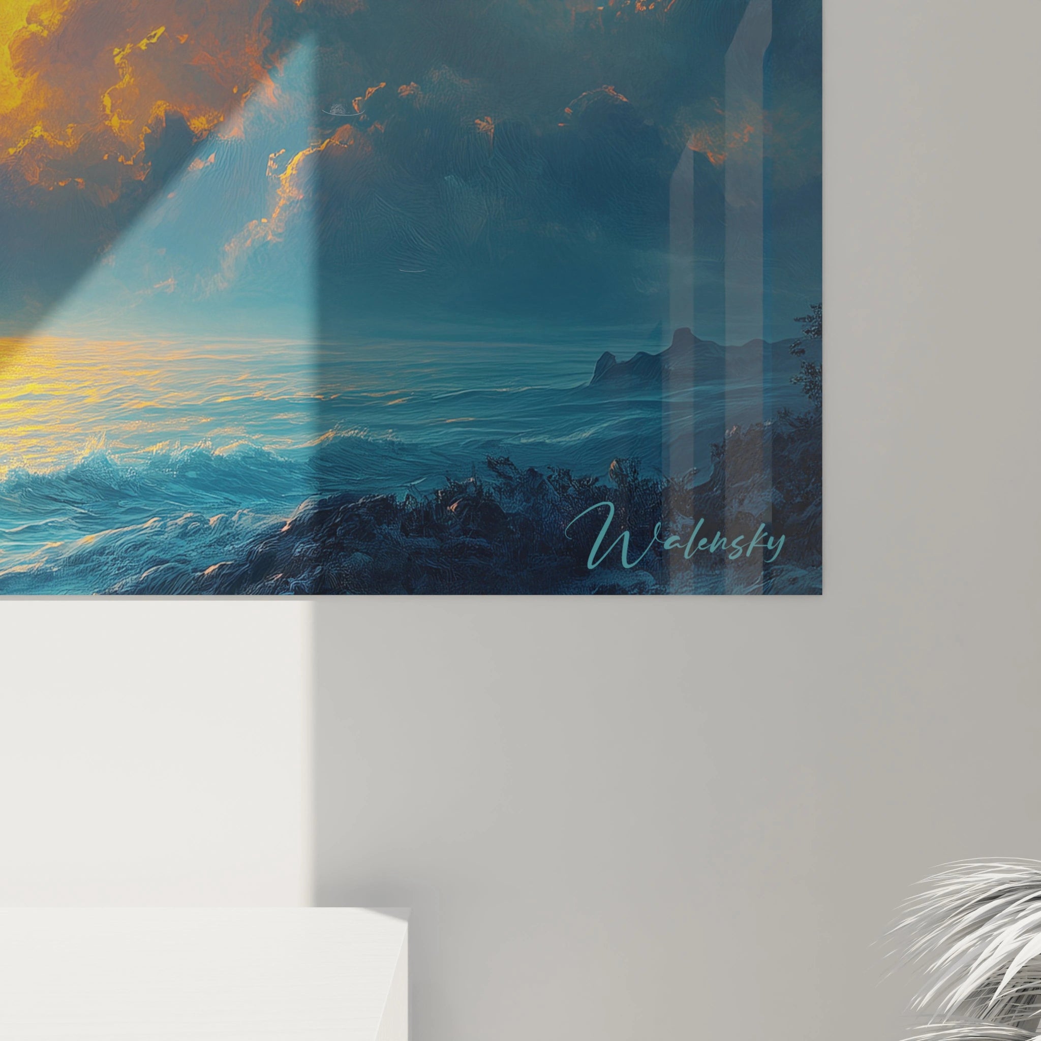 Un tableau contemplatif d'un paysage marin sous un ciel étoilé, où la puissance tranquille d'un arbre isolé sur une formation rocheuse contraste avec l'intensité lumineuse d'une pleine lune qui baigne la scène de teintes bleu marine, turquoise et or.
