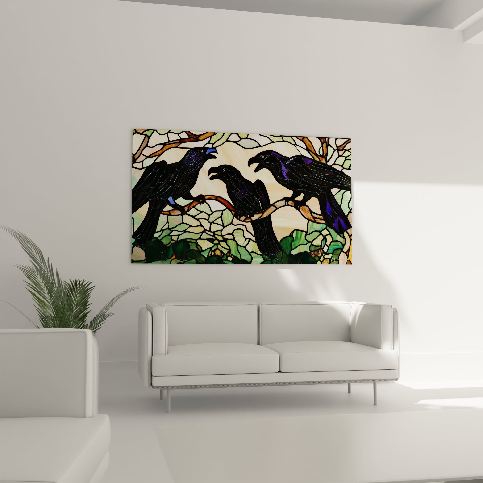 Tableau vitraux mettant en scène trois corbeaux noirs iridescents posés sur des branches brunes. L'œuvre présente une composition fragmentée typique du vitrail, associant verts émeraude, teintes ambrées et beiges crème, créant un effet de lumière traversant le verre.
