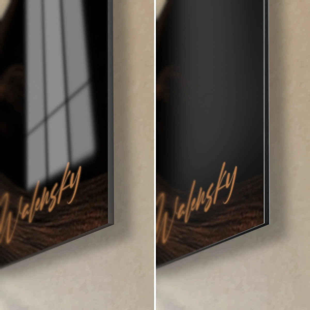 Schilderij met koperkleurige houtaders, rechtsonder hoek: glanzend glas met reflecties links, mat zwart Dibond rechts
