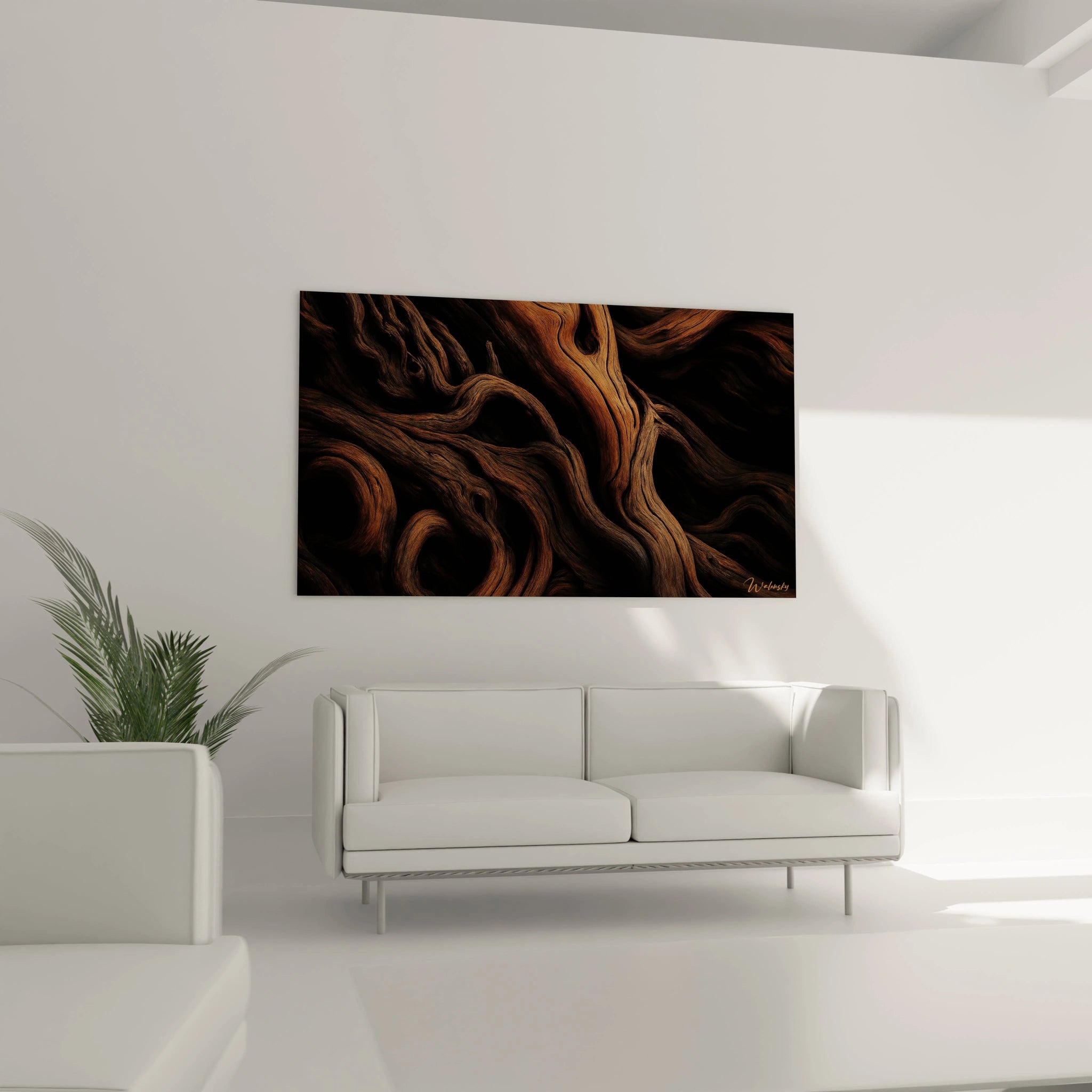 Un tableau bois naturel composé d'éléments courbes qui s'entrecroisent harmonieusement. La palette chromatique allant du caramel au brun foncé crée une profondeur visuelle saisissante, tandis que les nervures naturelles accentuent l'effet de mouvement figé.
