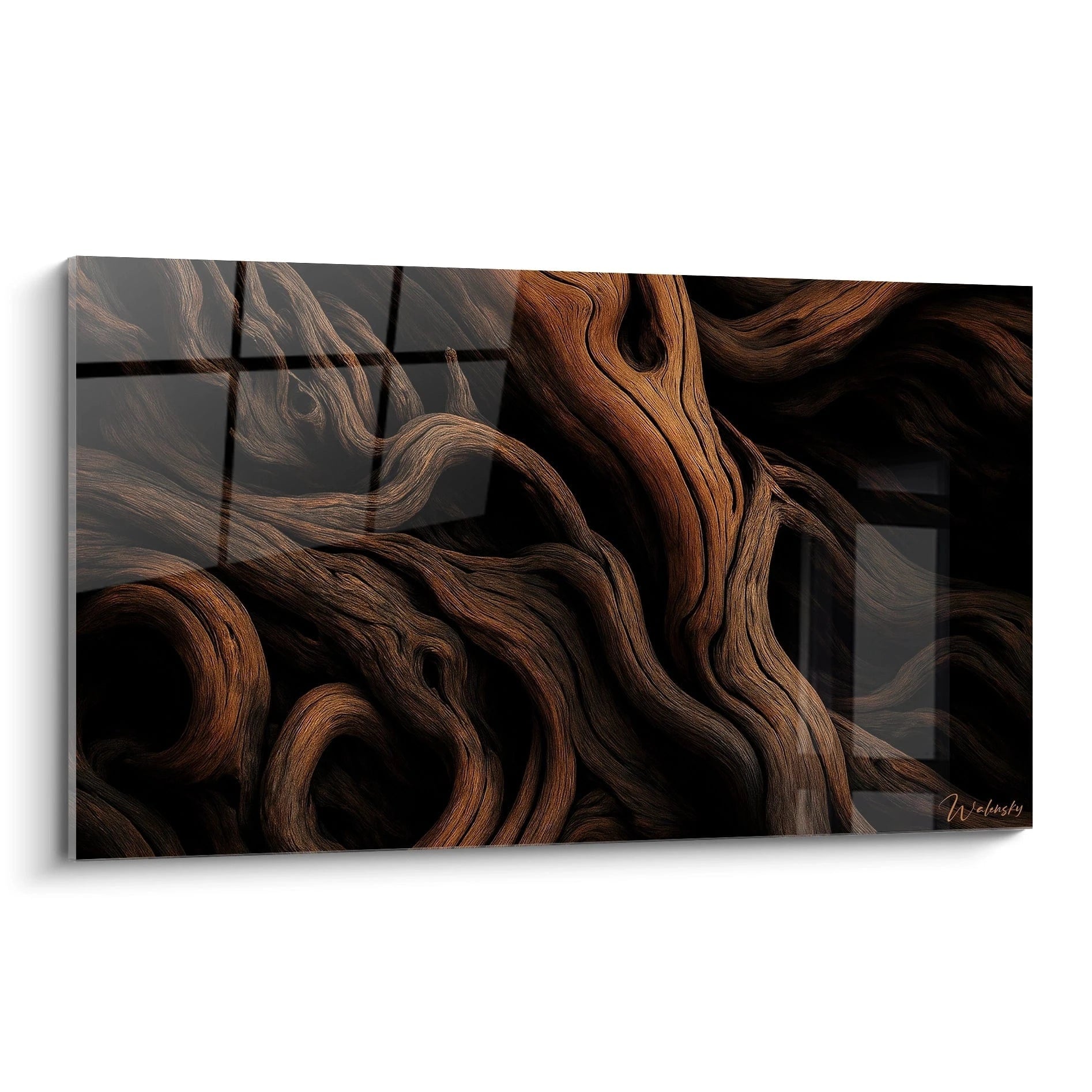 Un tableau bois organique présentant des formes sinueuses et entrelacées aux teintes brunes variées, créant un effet de mouvement fluide sur fond noir. Les textures striées suivent naturellement les courbes, avec des variations de brun ambré à chocolat foncé.
