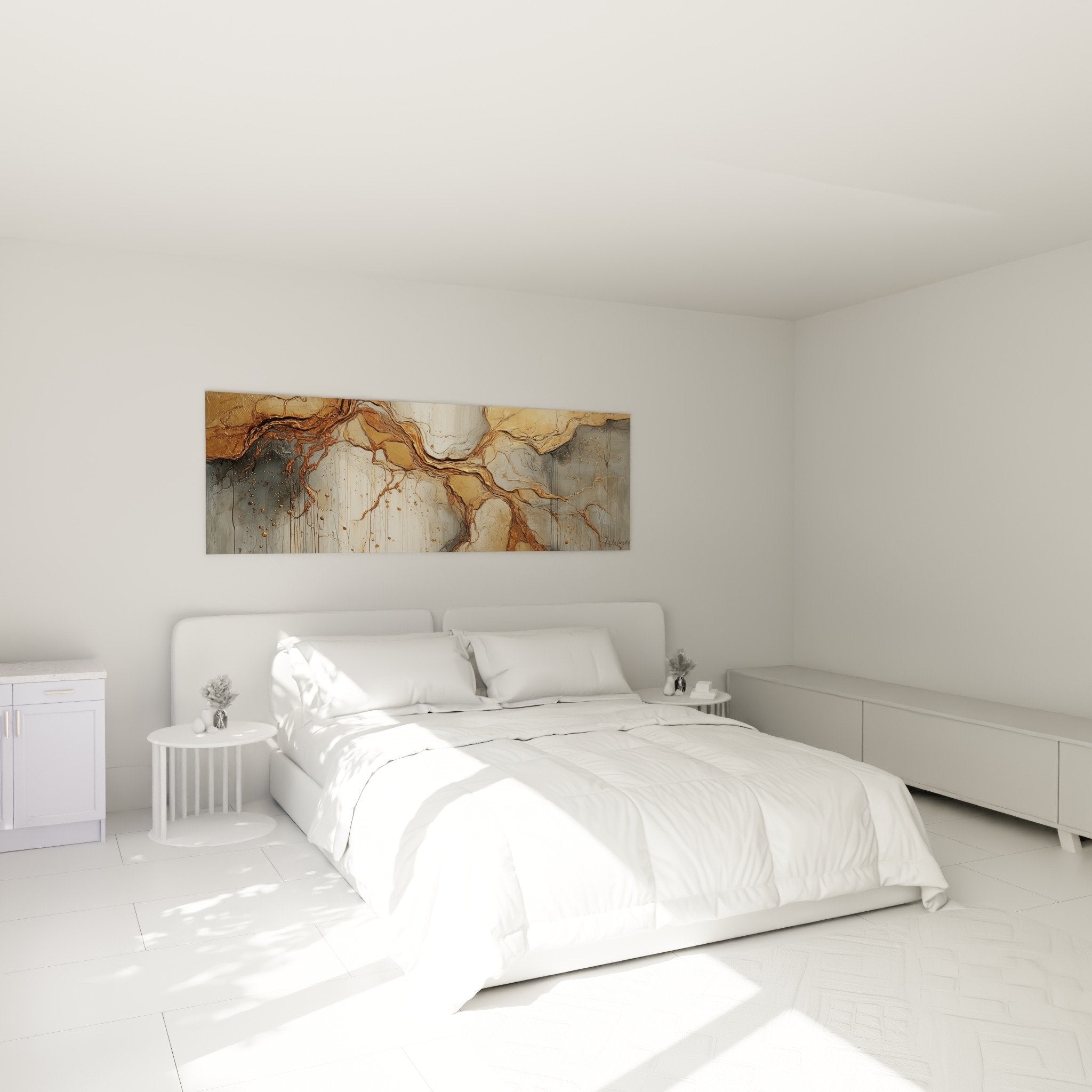 Tableau abstrait veines dorées dans chambre moderne aux tons neutres décoration zen feng shui