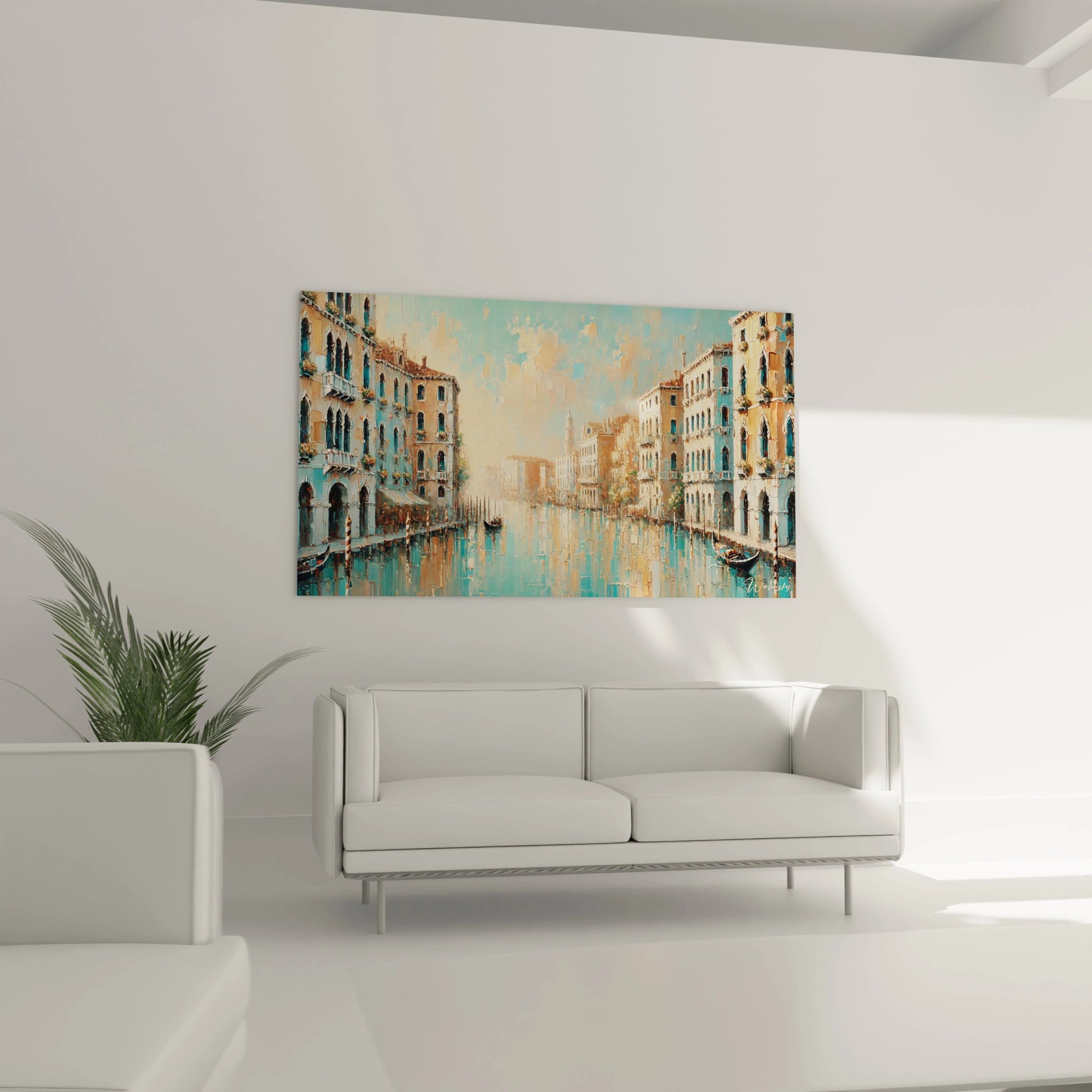 Dans un salon, ce tableau Venise au-dessus d’un canapé illumine l’espace avec ses reflets scintillants et ses couleurs éclatantes, symboles de la vie vibrante et poétique de la cité flottante.

