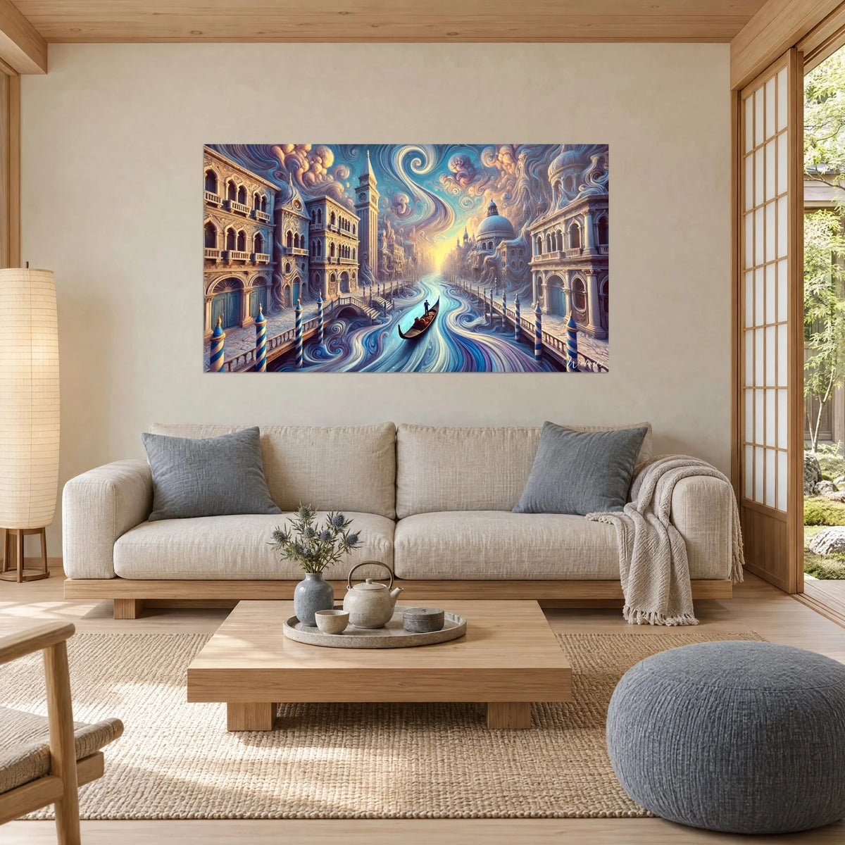 Quadro canale veneziano in vortici blu e ocra, gondola scura, campanile, sopra un divano in un soggiorno luminoso