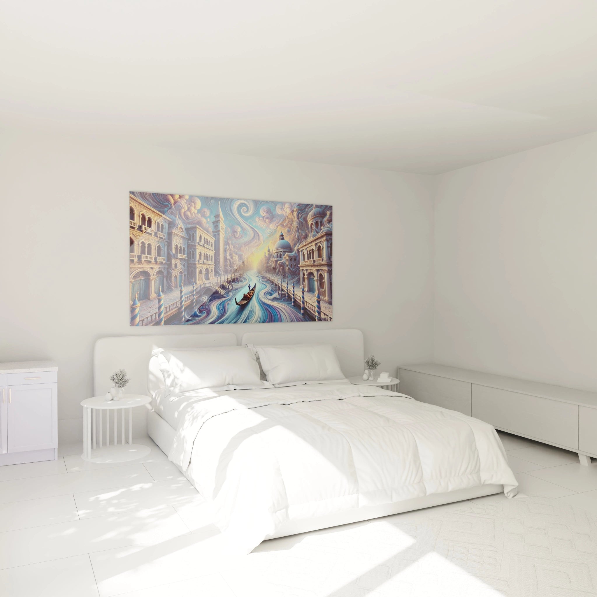 Tableau Venise dans une chambre : Accroché au-dessus du lit, ce tableau Venise illumine la pièce d’un coucher de soleil flamboyant. Les reflets aquatiques et les courbes fluides créent une ambiance apaisante et romantique.

