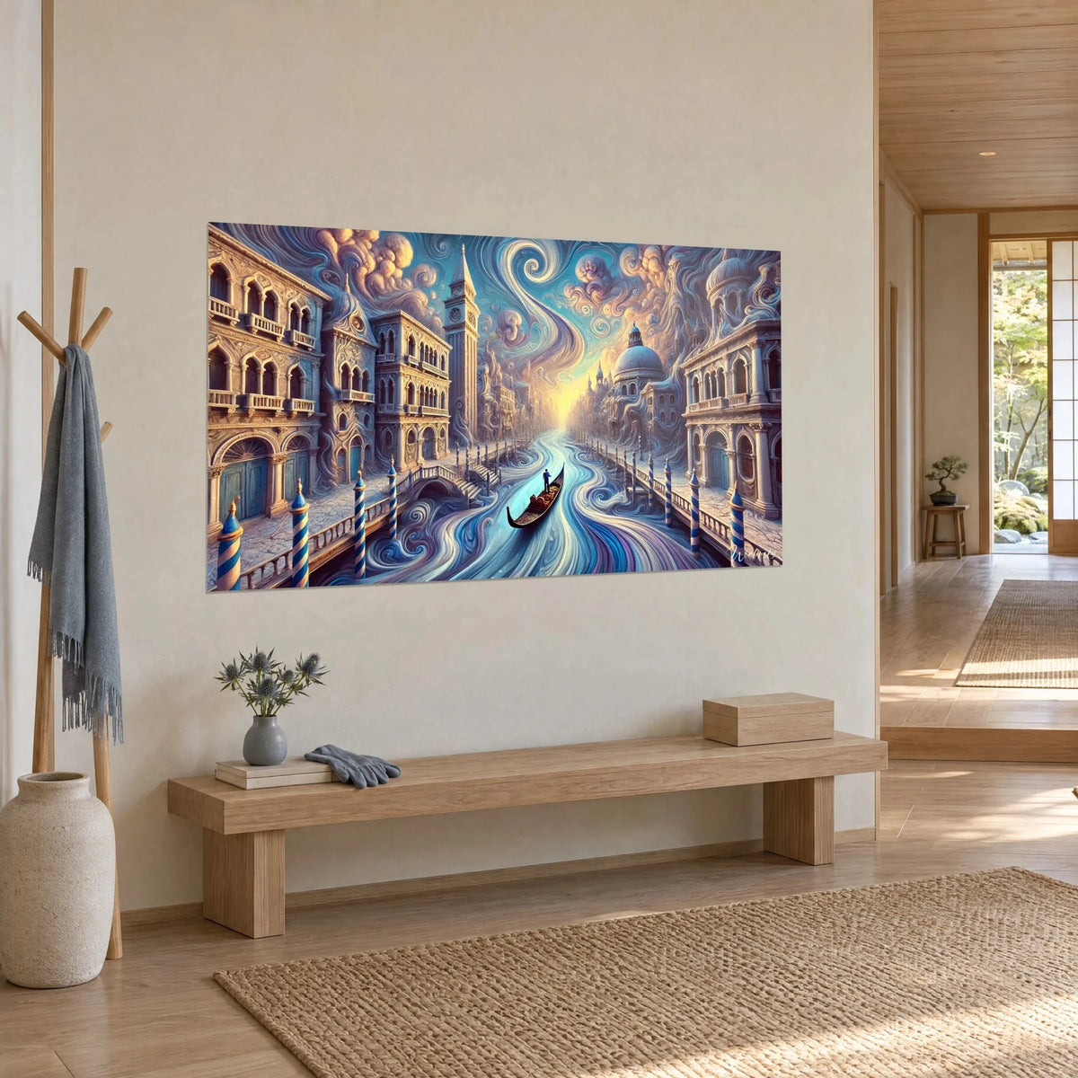 Quadro gondola nera che scivola su volute blu cobalto e viola, facciate dorate, vista a tre quarti in un corridoio chiaro