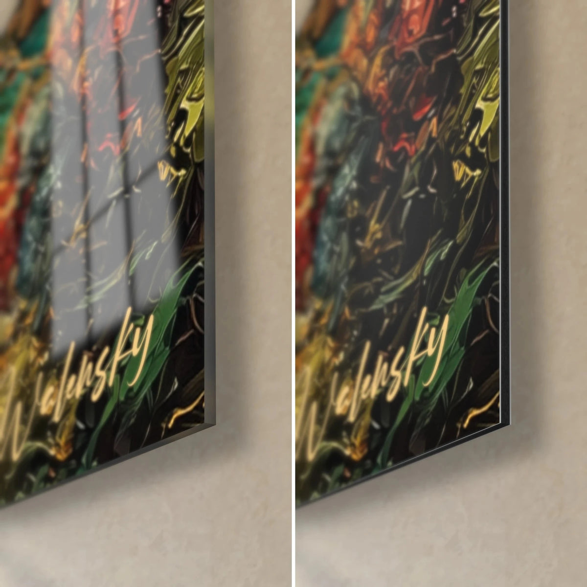 Tableau Venise peinte à l'huile, coin bas droit en verre brillant et alu Dibond mat, tranche de 3 mm, vert profond et or