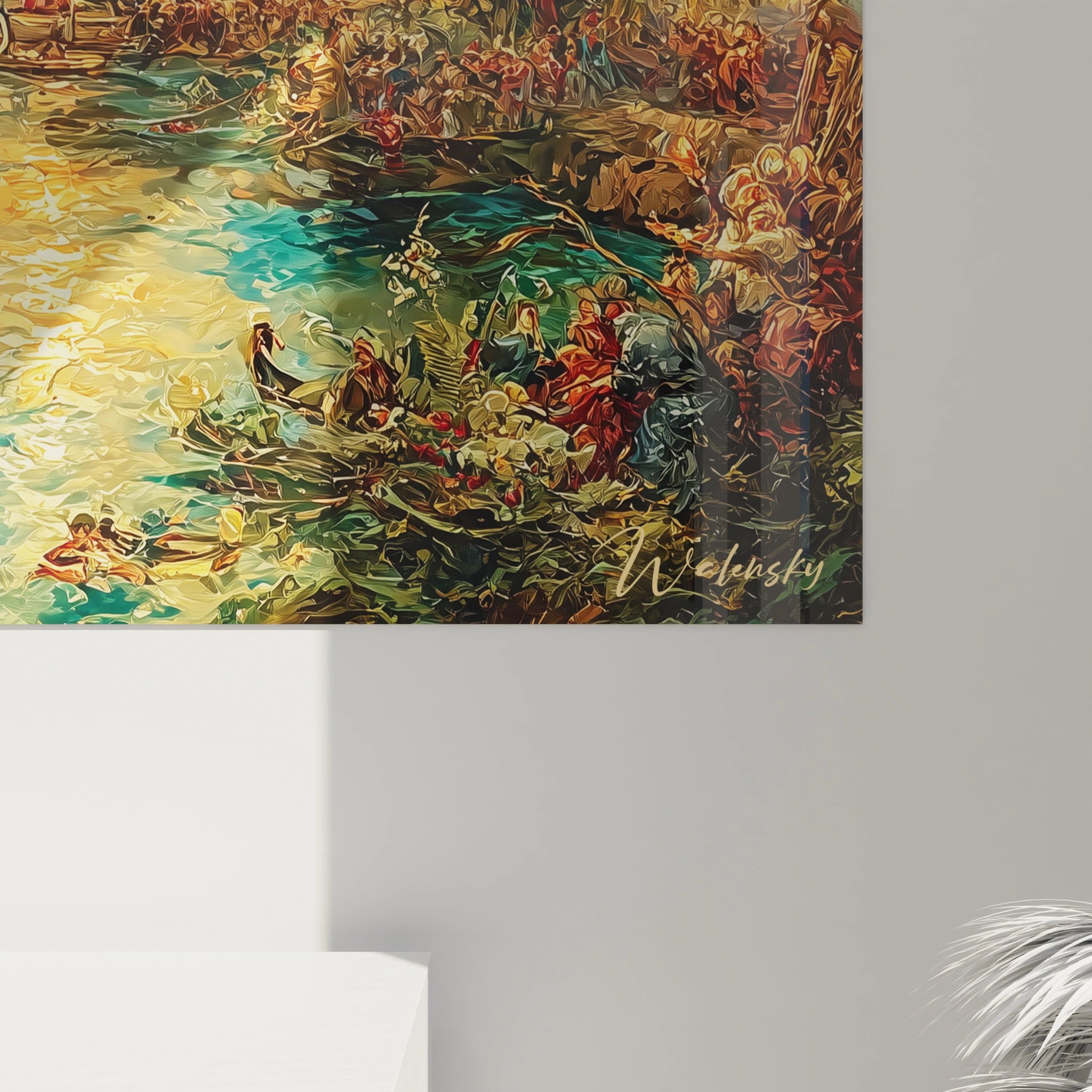 tableau Venise renaissance italienne signé Walensky montrant gondoles colorées et foule sur canal décoratif