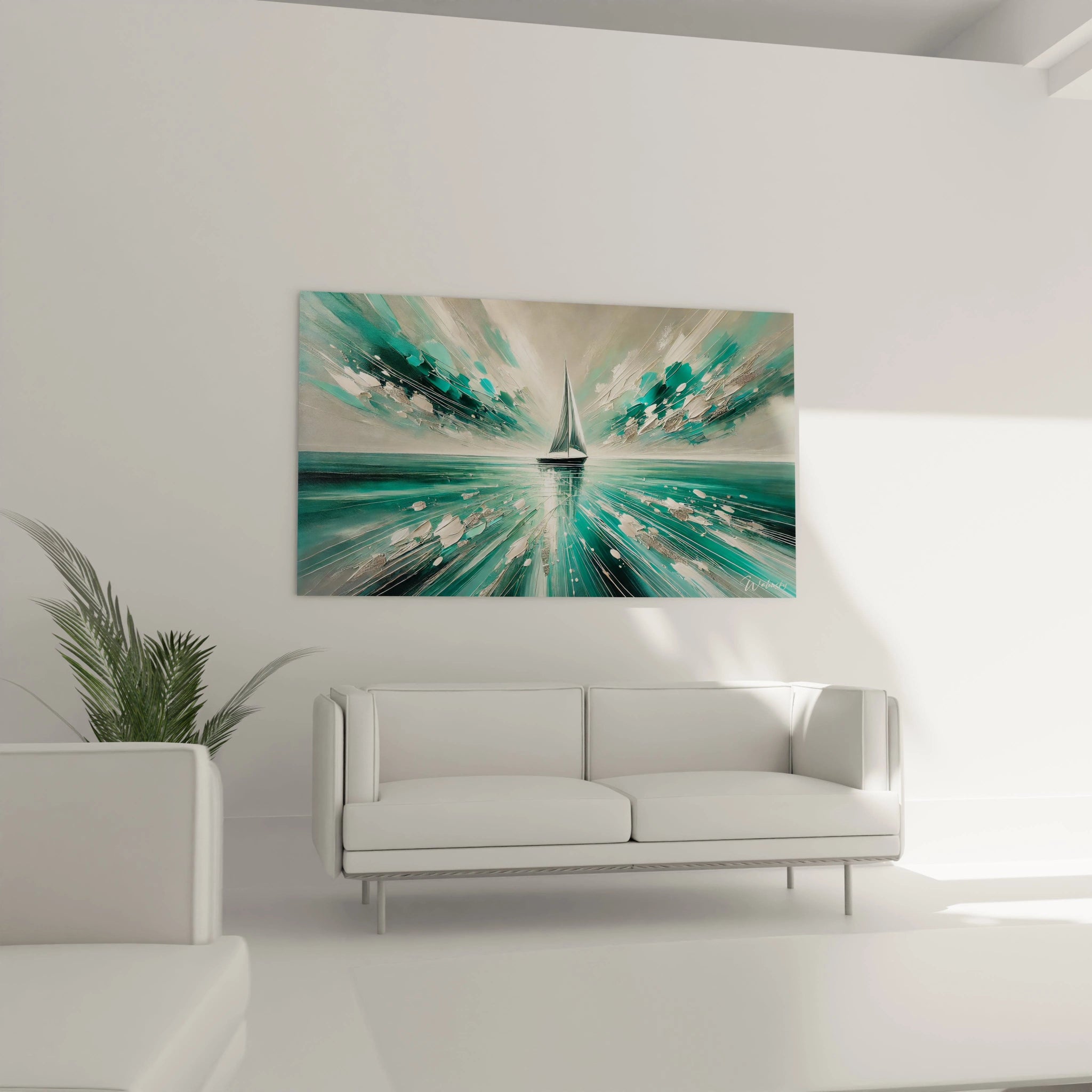 "Tableau voilier accroché au-dessus du canapé. Les couleurs émeraude et turquoise donnent de la profondeur à la pièce, créant une ambiance artistique et dynamique dans le salon."