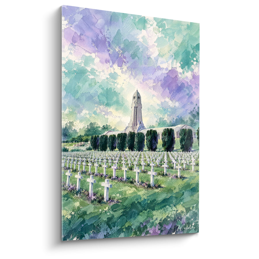 Tableau Croix blanches alignées sous ciel mauve et vert - Tour de l'ossuaire - Edition Verdun Grand Est France