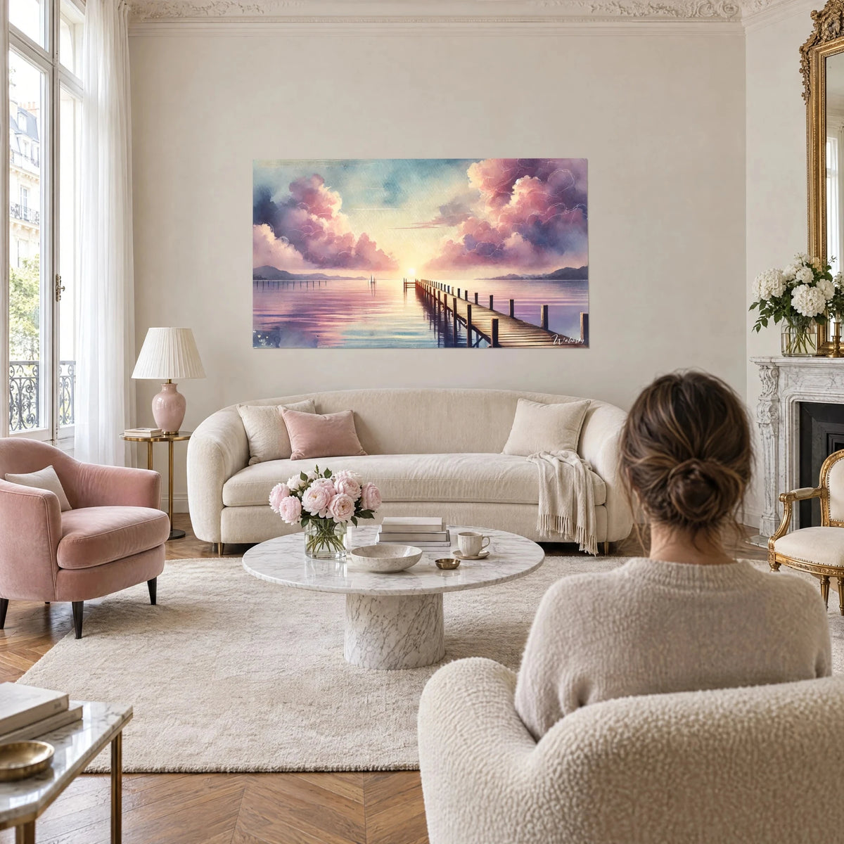 Schilderij houten steiger die richting een bleke zon loopt, roze en mauve wolken boven het meer, boven een bank in een lichte woonkamer