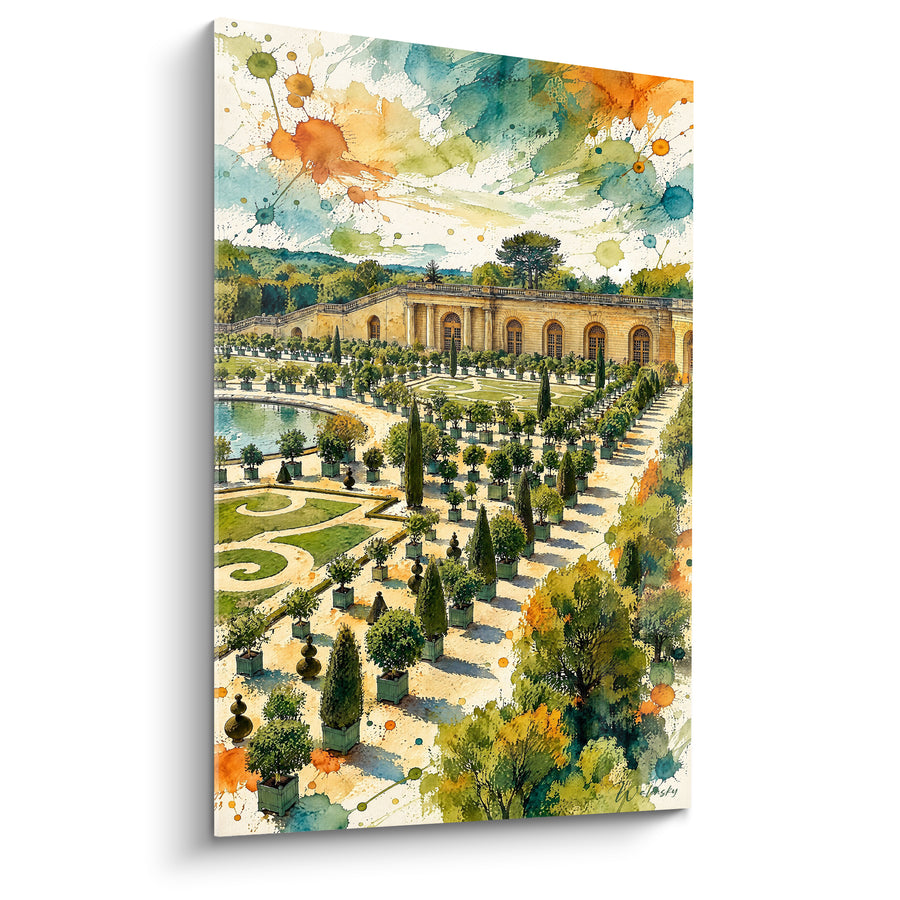 Gemälde Orangerie in Grün und Orange mit Aquarell-Spritzern - Wasserbecken der Schweizer aus der Vogelperspektive - Edition Versailles Île-de-France