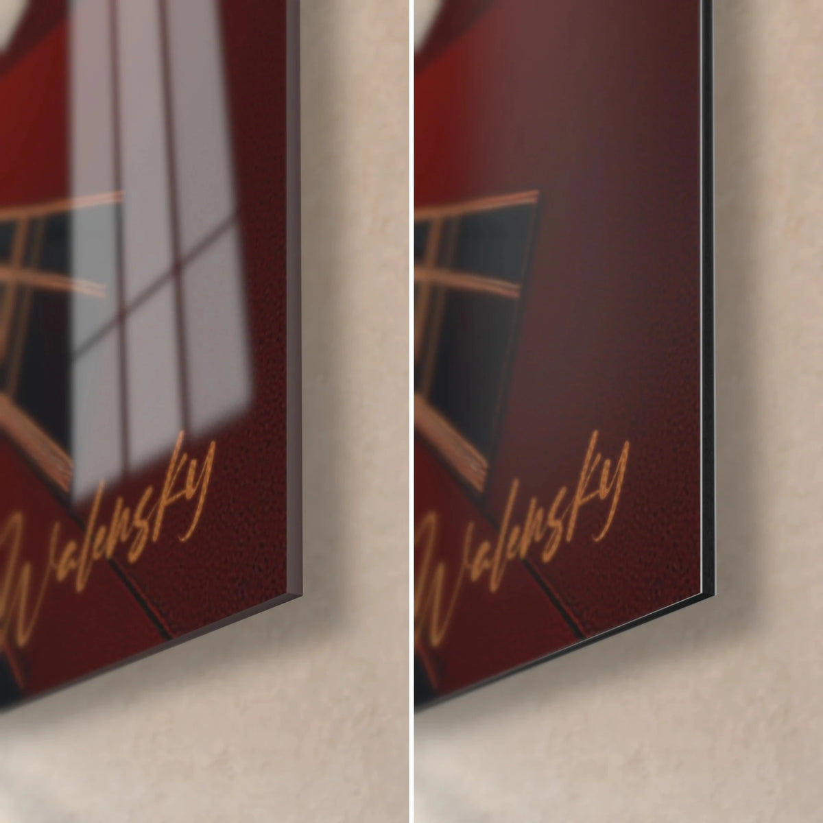 Tableau immeubles rouges vus d'en bas, coin bas droit : verre acrylique brillant à gauche, Dibond mat à droite, tranche de 3 mm