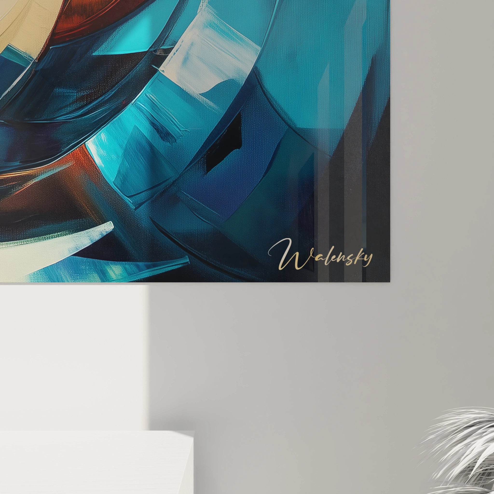 Un tableau abstrait spirale cinétique illustrant un tourbillon de couleurs en mouvement constant. Les teintes de bleu, orange et violet s'entrelacent en cercles concentriques décroissants, avec des textures variées alternant zones brillantes et mates pour un effet de profondeur saisissant.
