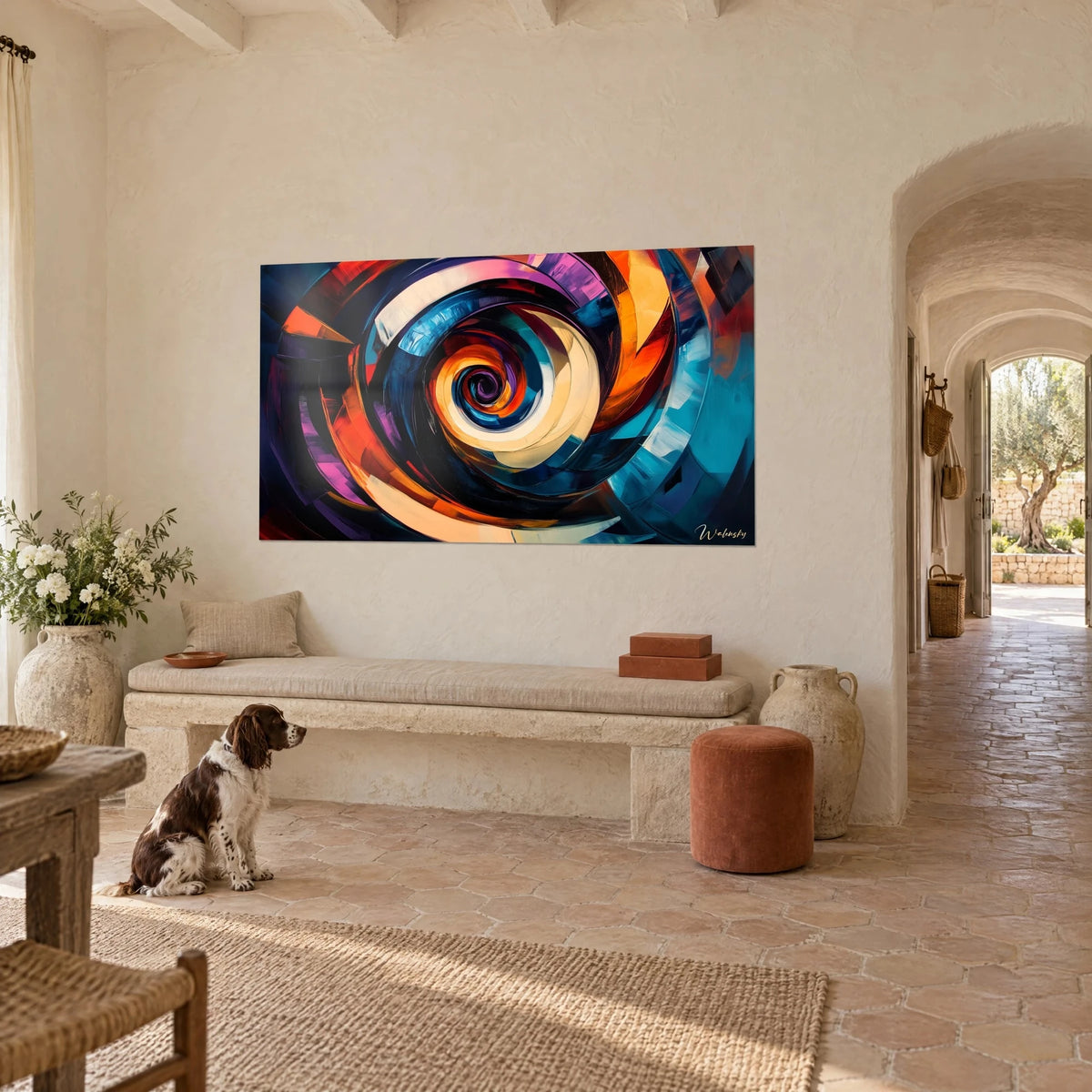 Quadro vortice dipinto con pennellate di spatola viola e arancio, nucleo scuro, di fronte a uno spaniel seduto in un mas provenzale
