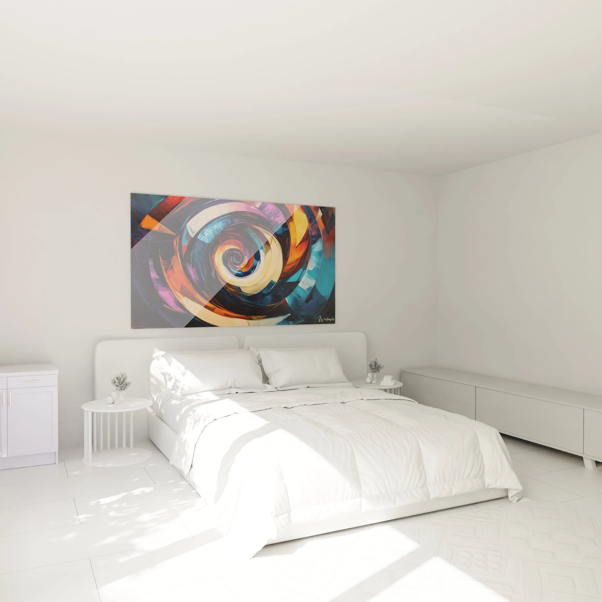 Un tableau abstrait spirale créant l'illusion d'un vortex dimensionnel. Les cercles concentriques en bleu, orange et violet se superposent avec des effets de brillance et de transparence, formant un tunnel visuel qui attire le regard vers son centre mystérieux.
