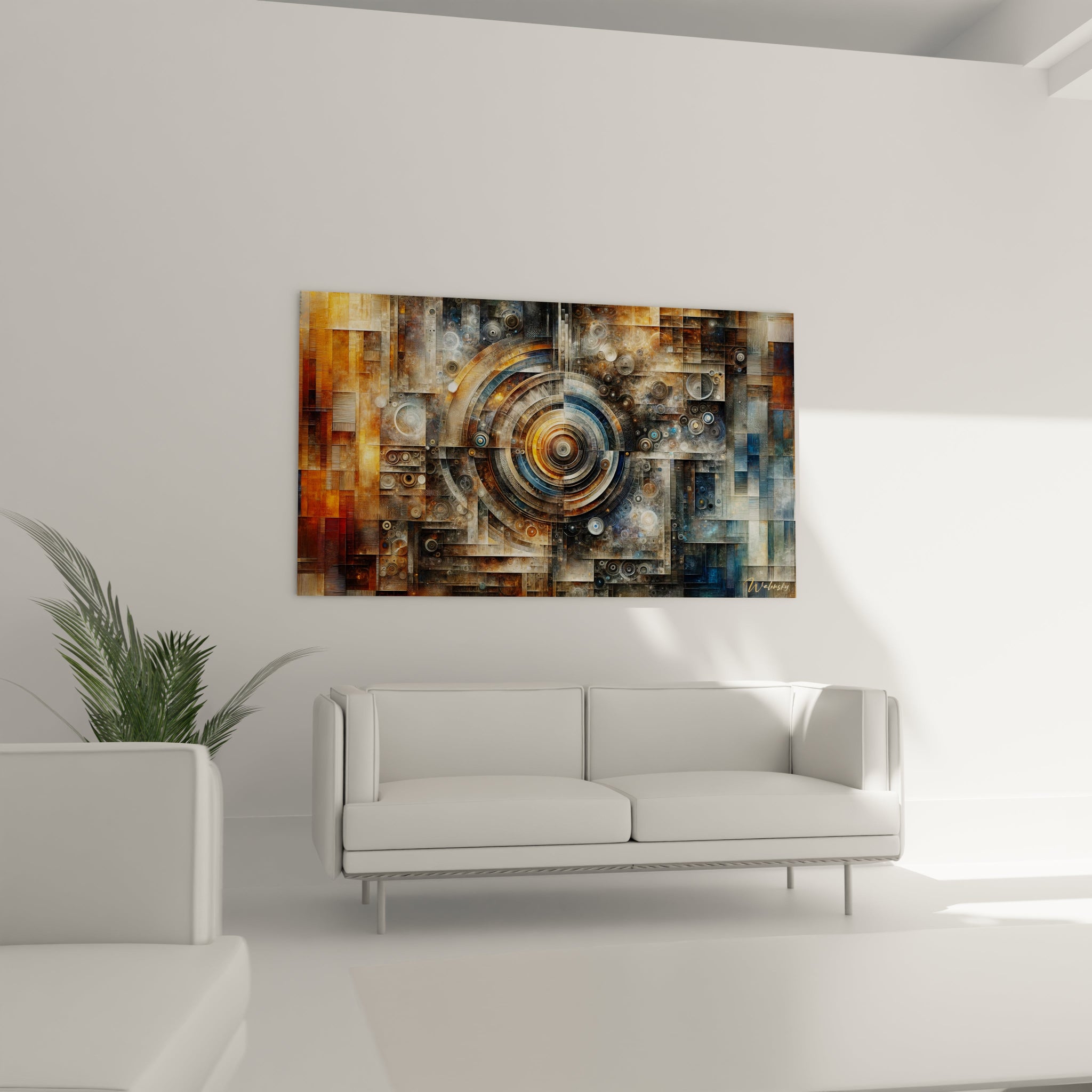 Tableau abstrait montrant un univers technologique structuré. Spectre chromatique de cuivre ambré, bleu marine et gris acier avec effets de patine. Effet visuel d'architecture industrielle avec grilles rectangulaires et motifs circulaires multiples. Composition centrée sur un système de roues concentriques entouré de quadrillages et disques secondaires évoquant un dispositif mécanique ancien.
