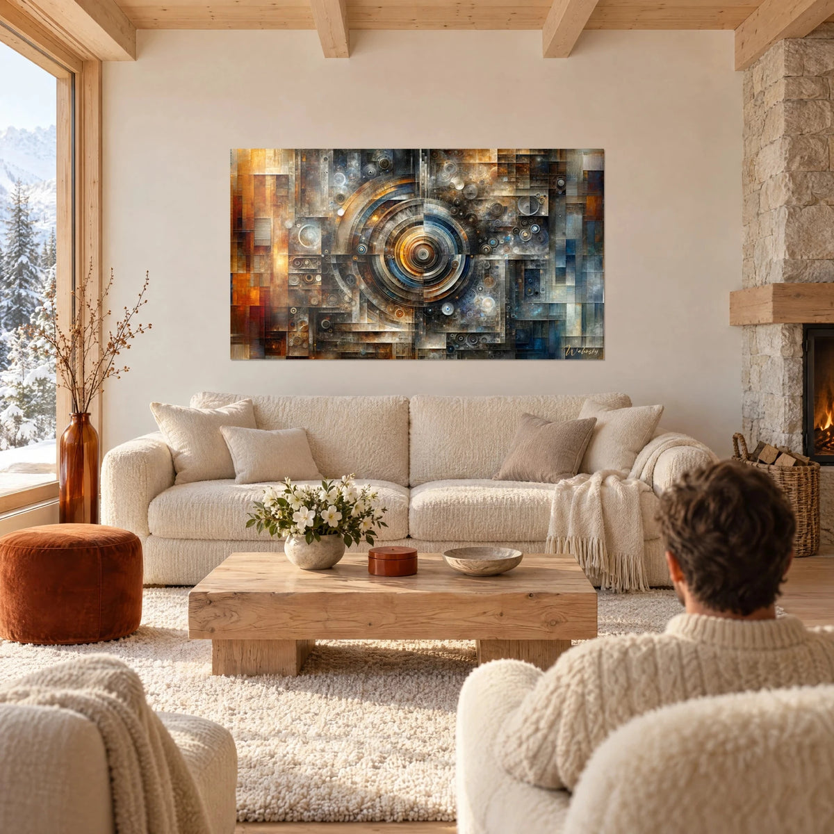 Gemälde konzentrische Kreise in Kupfer und Stahlblau auf Metallmosaik, über einem Sofa in einem hellen Wohnzimmer