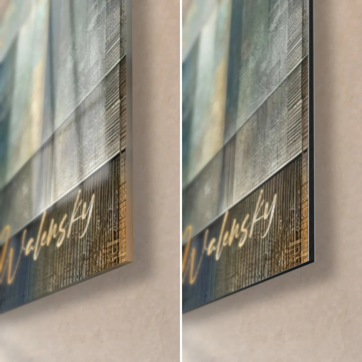 Gemälde abstrakte geometrische Komposition, unten rechts: glänzendes Glas mit Reflexen, mattes Dibond, goldene Signatur, 3 mm Kante