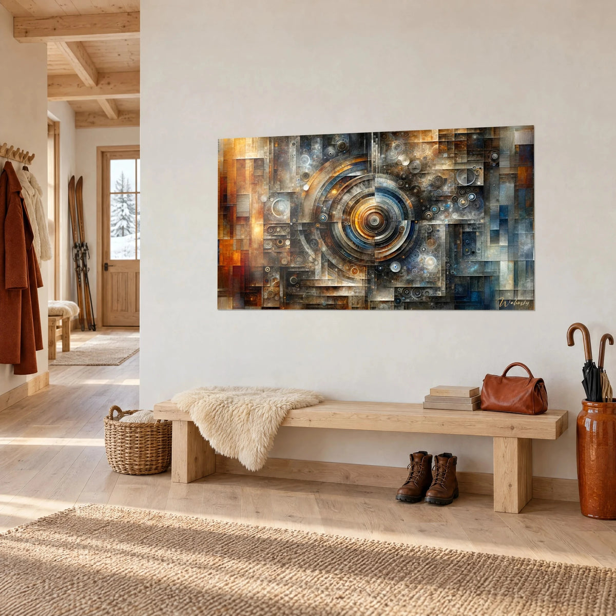Gemälde kreisförmiger Mechanismus in Ocker und Indigo, erhabene Zahnräder auf rostigen Paneelen, Dreiviertelansicht, Chalet-Flur
