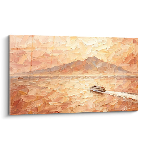 Tableau Volcan ocre et ferry sur la baie - Traversée dorée - Edition Vésuve Campanie Italie