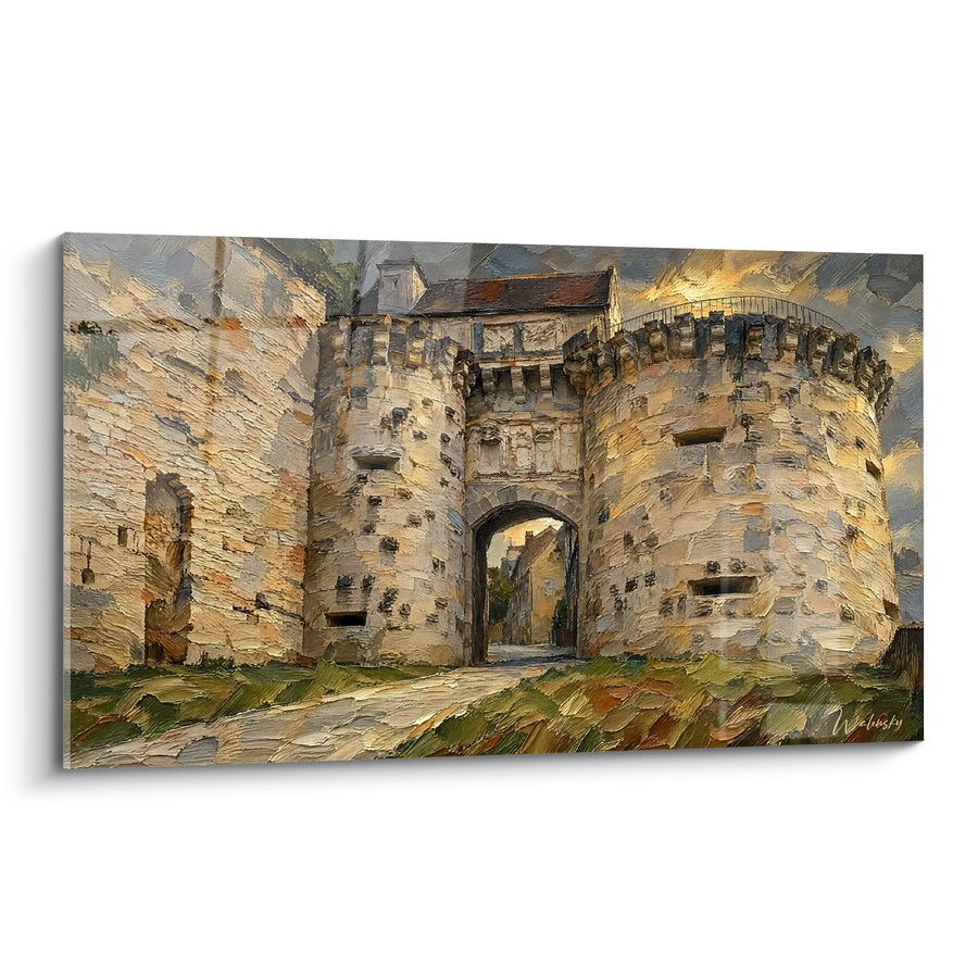 Painting Fortified Gate with Ocher and Gray Towers - Golden Medieval Threshold - Vézelay Edition Burgundy-Franche-Comté France