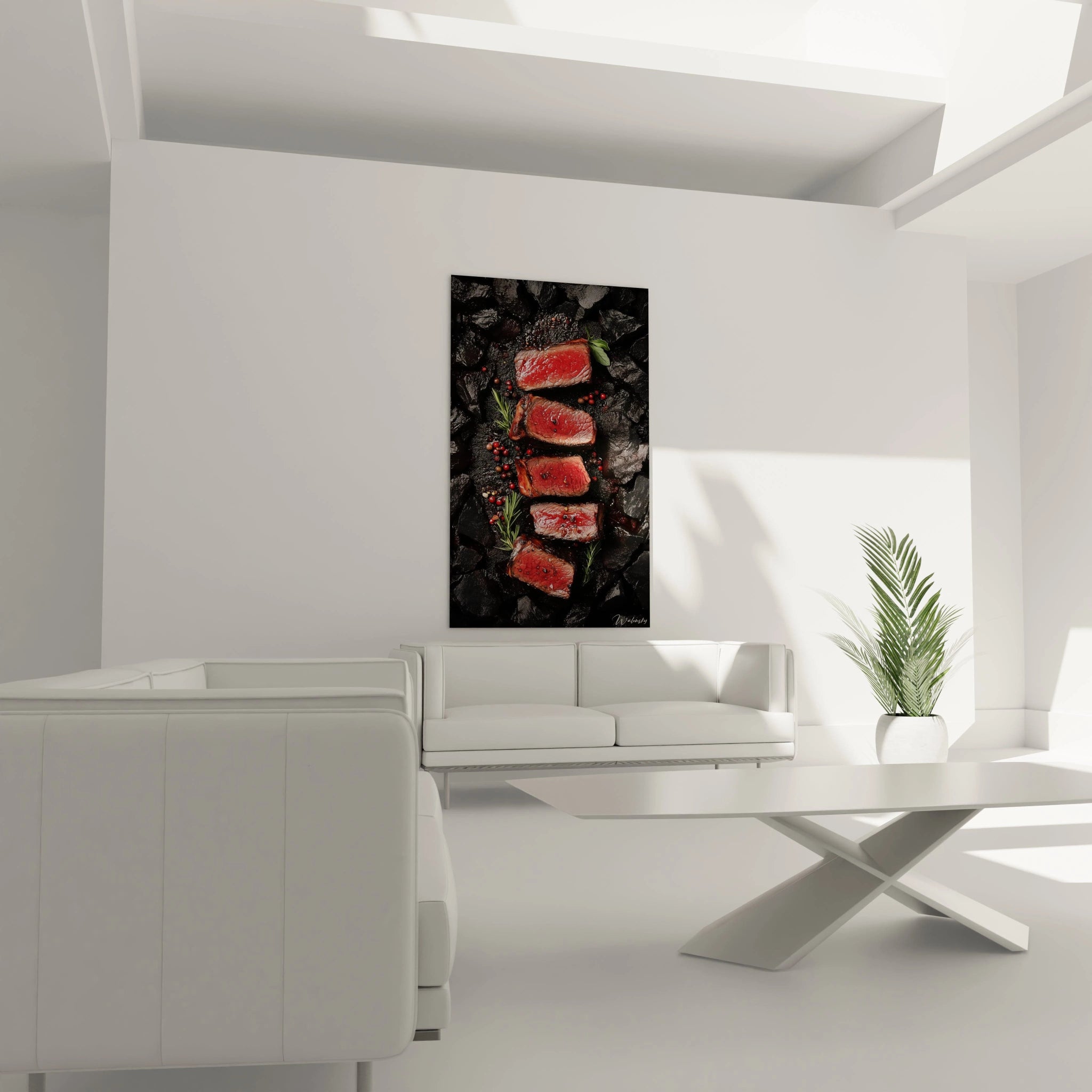 Un tableau viande montrant des morceaux de viande rouge et brun grillé, posés sur une surface noire texturée, accompagnés de baies rouges et de brins de romarin pour ajouter du contraste.

