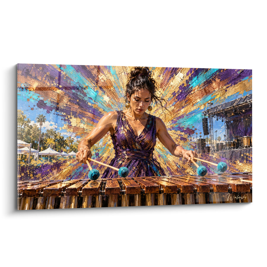 Tableau Musicienne aux mailloches turquoise et dorées - Transe musicale - Edition Vibraphone